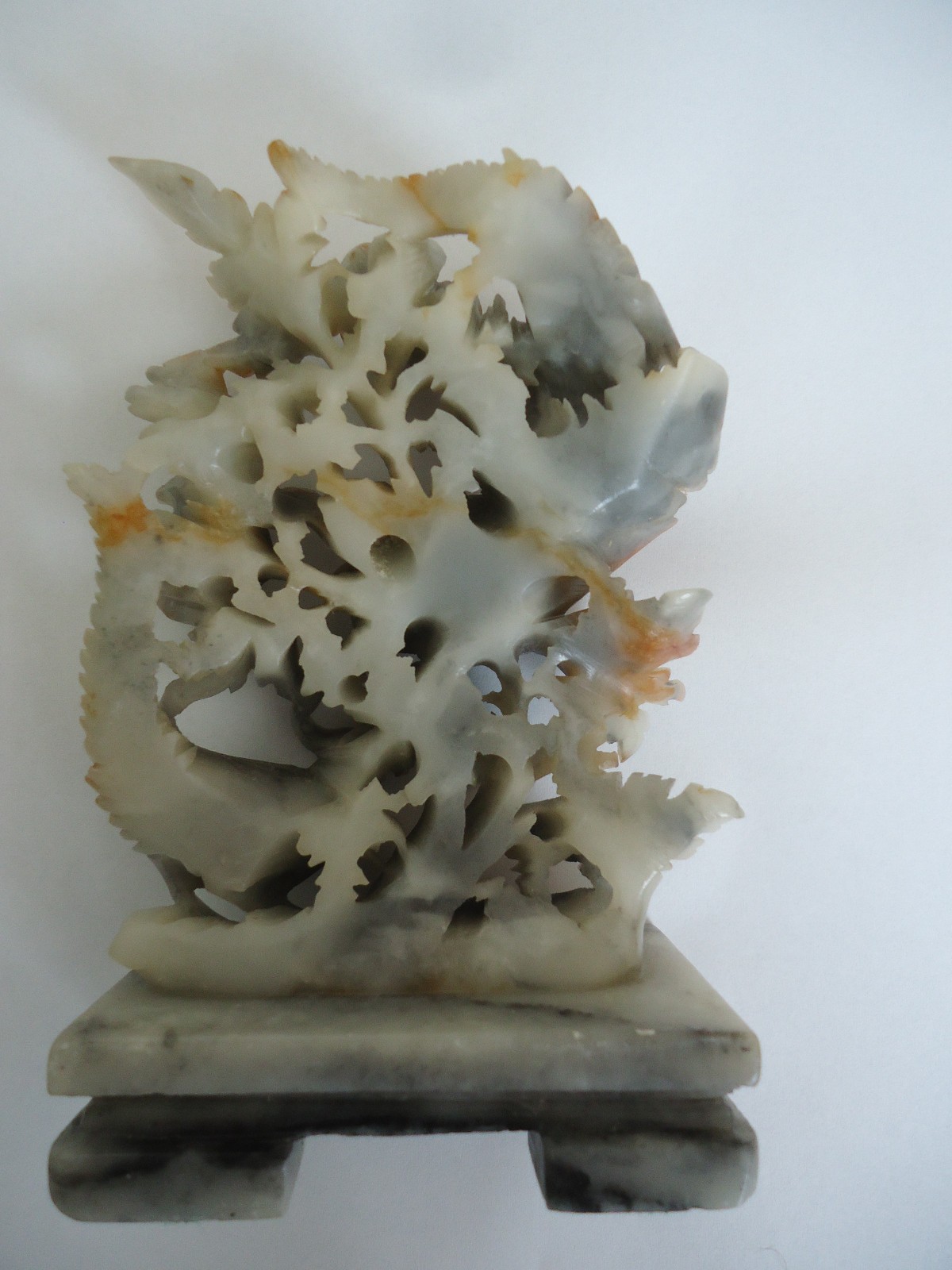 Vintage Chinese Hand Carved Soapstone Sculpture with Birds & Flowers
