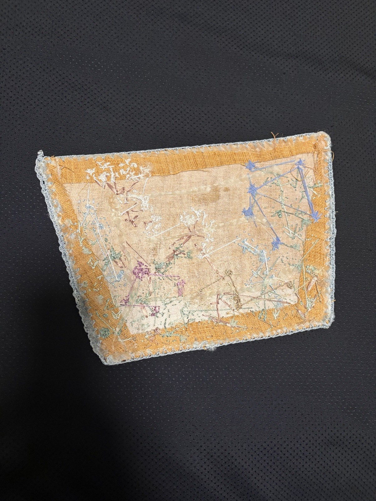 Antique Asian Embroidered Burlap Blue Bird Floral Panel 11″ Micro Bead Hemstitch