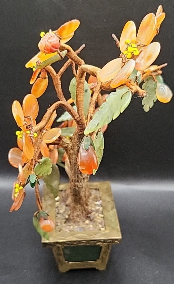 Chinese Carnelian & Green Nephrite Jade Bonsai Tree Brass Etched Base Hong Kong