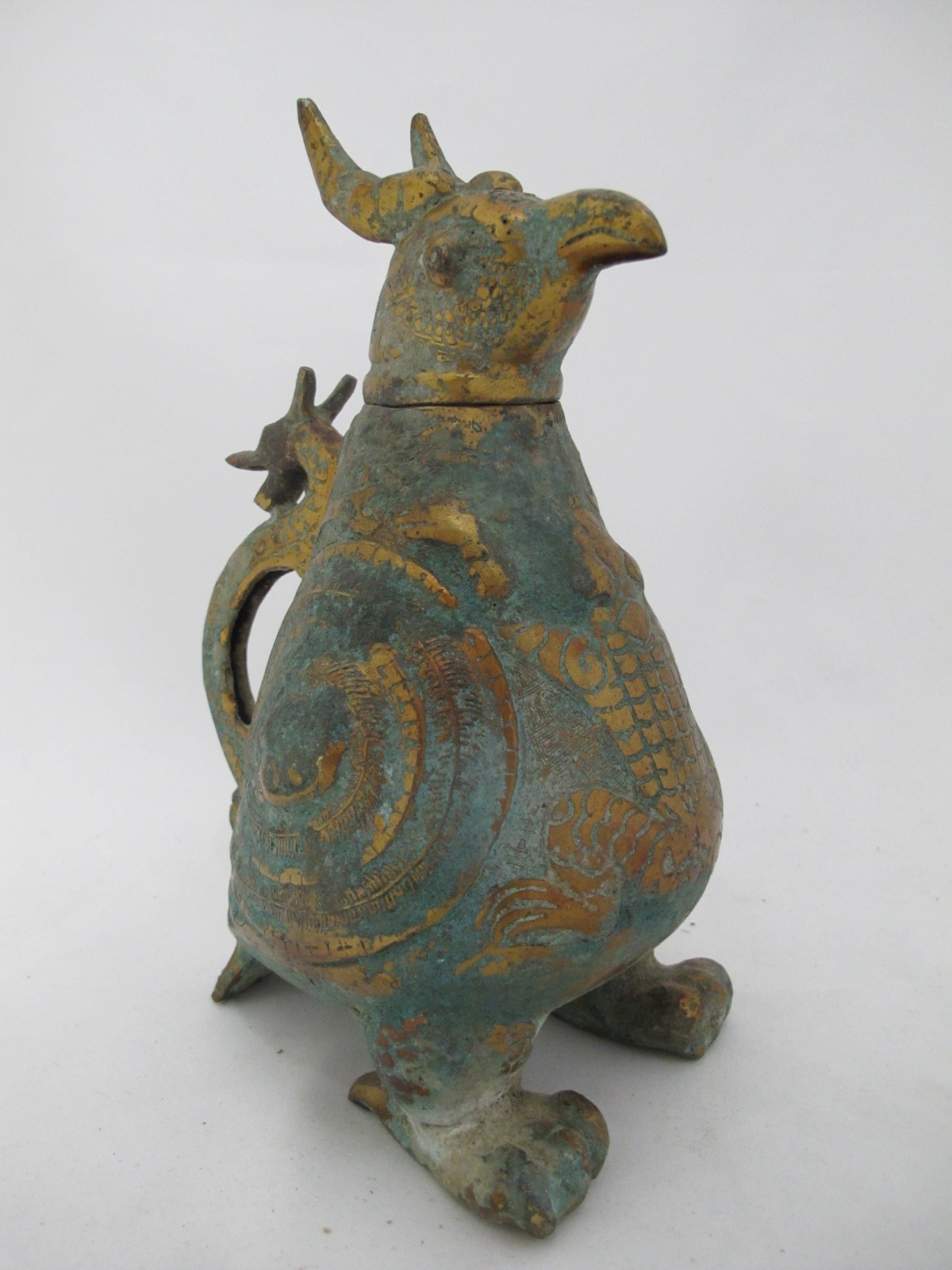 CHINESE Archaic BIRD Bronze Ware Gold Toad Accent Ritual WINE Vessel Pitcher