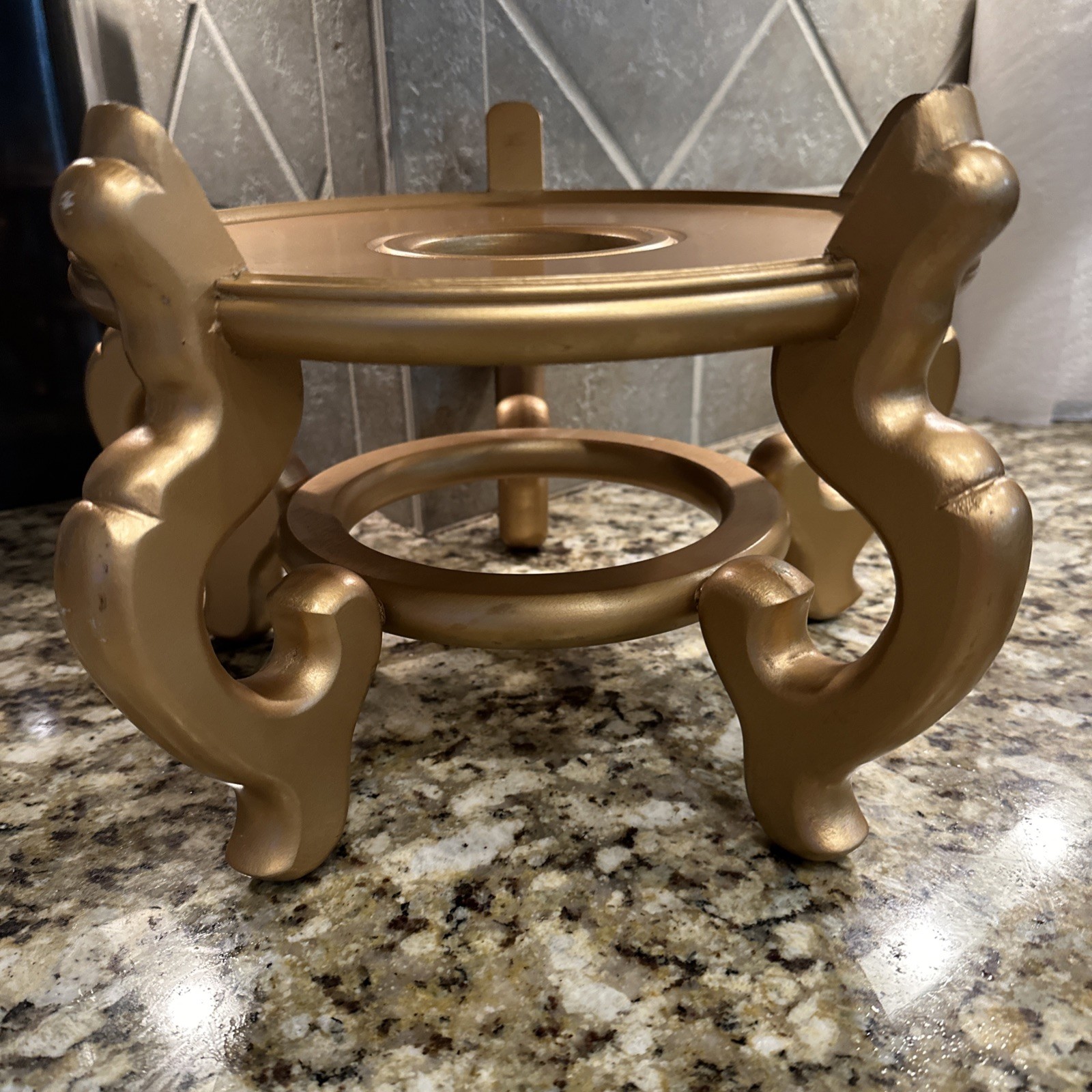 Vintage Large Chinese Golden Wood Stand 10” Diam For Urn Plant Fish Bowl