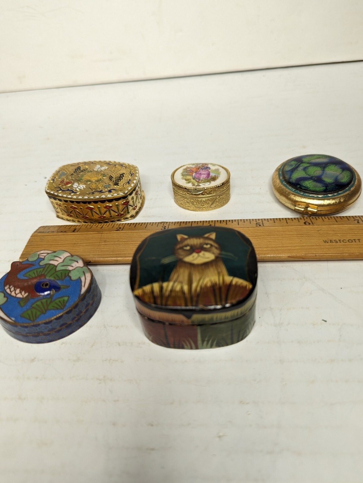 5 Pcs. Of Vintage Used Chinese Brass & Decorated Lidded Boxes Trinket