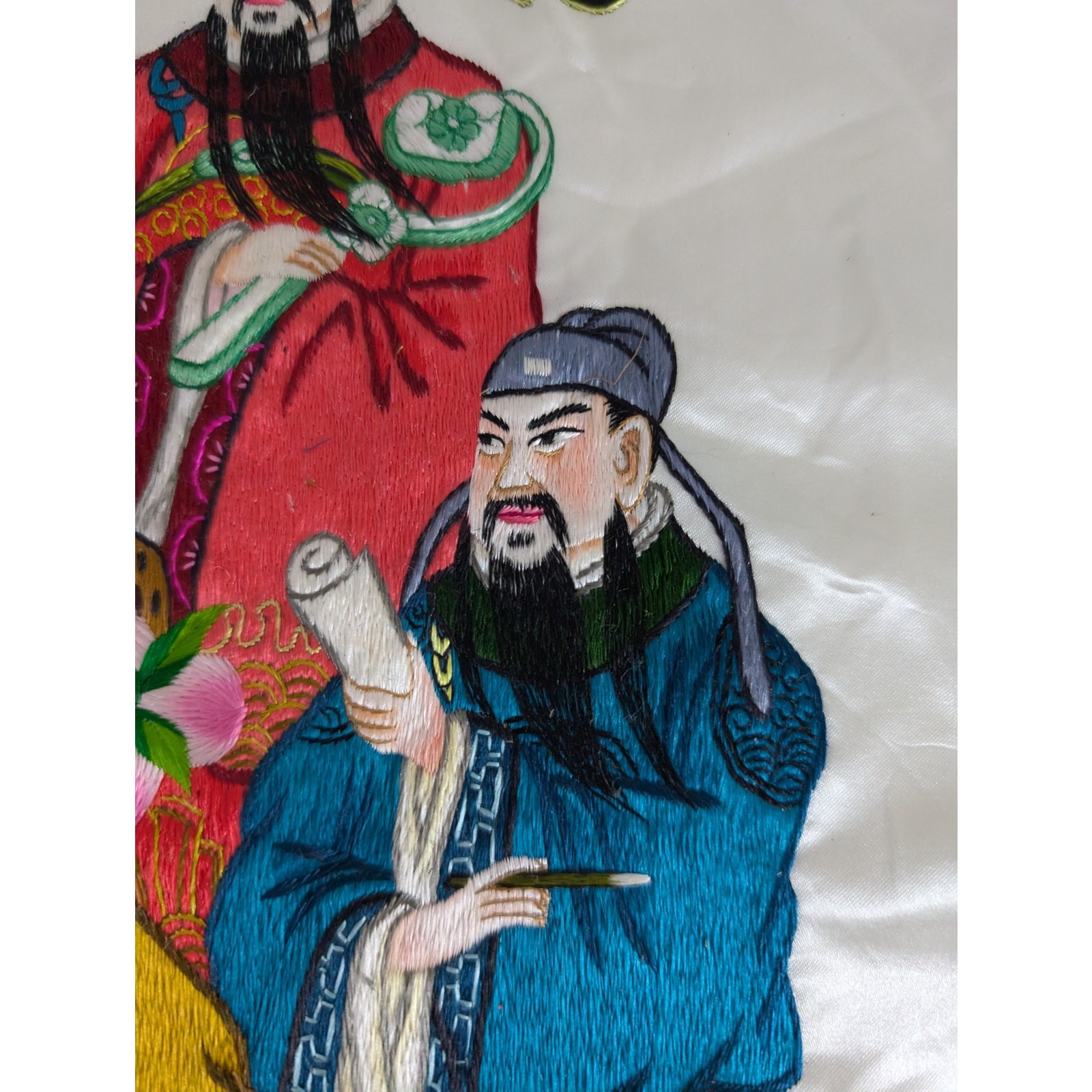 Vintage Chinese Hand Embroidered Three Immortals Fu Lu Shou Tapestry 23x14in