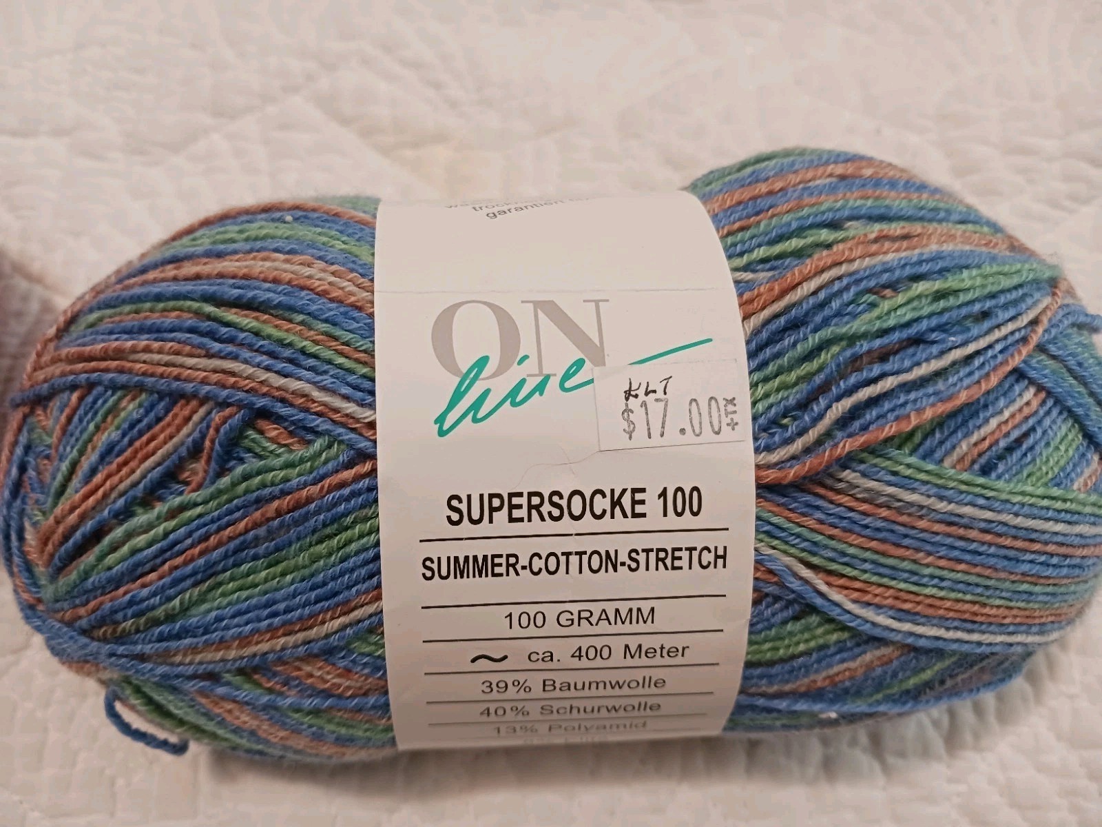 OnLine Supersocke 100 Summer Stretch Striping Yarn Wool-Cotton 2 Sks Blue & Cora