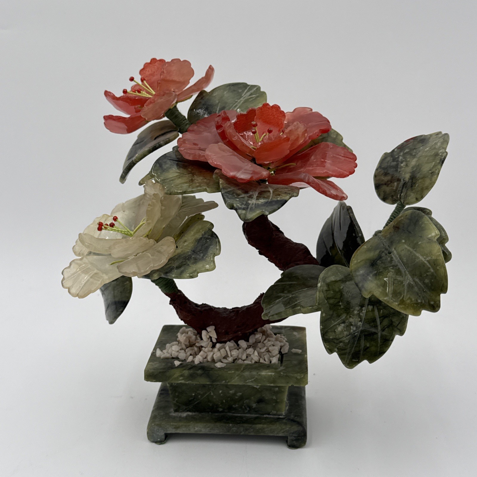 Vintage Chinese Jade Quartz Bonsai Tree Floral In Celadon Pot Carved Flower Tree