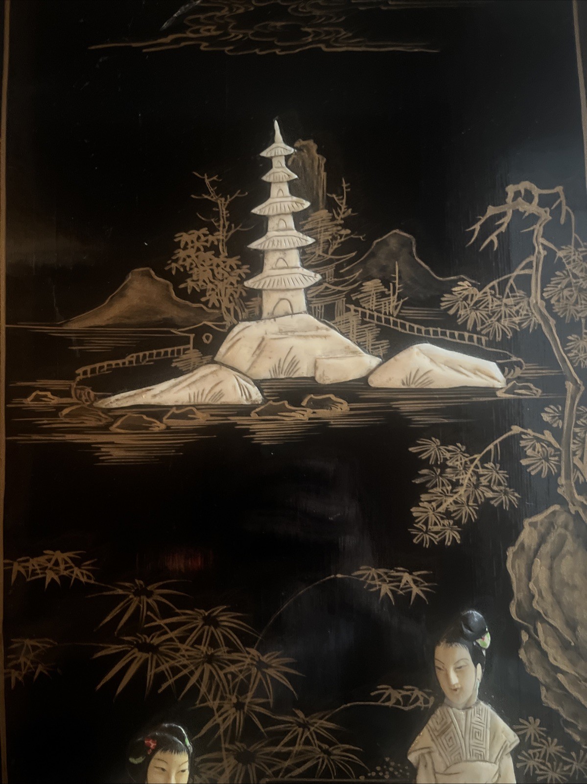 VTG 2 Asian Oriental BLACK Lacquer “Mother of Pearl Ivory Tone”Panels FREE SHIP