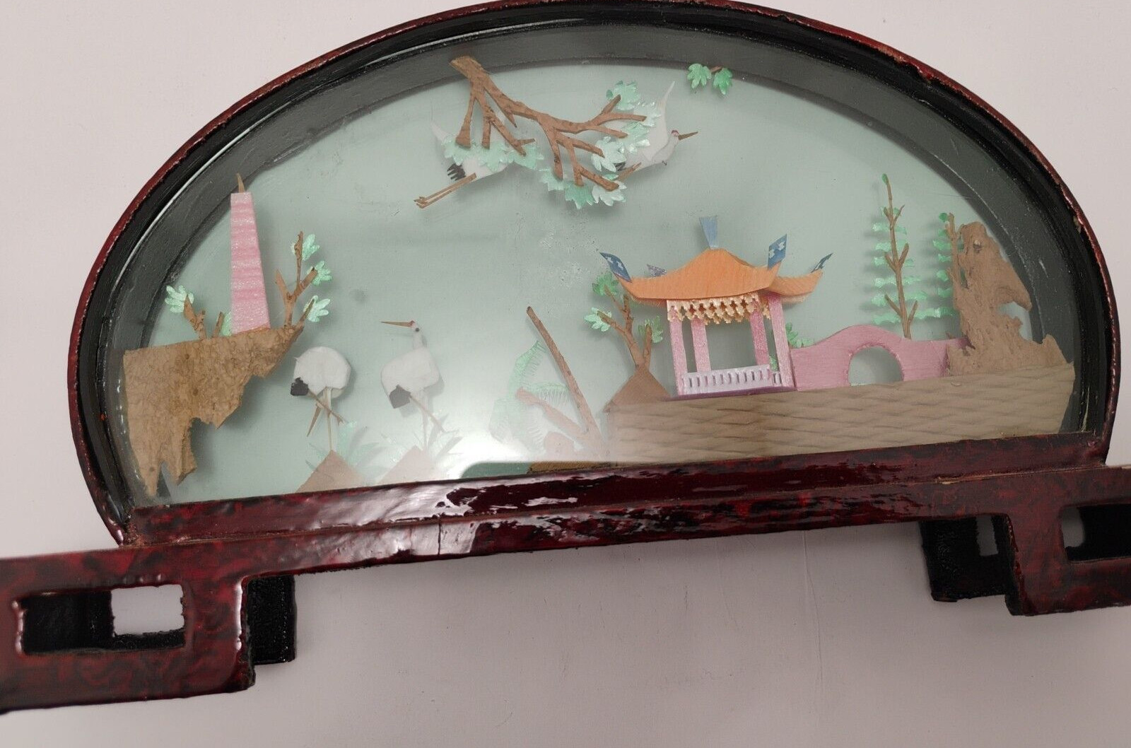 Vintage Chinese Cork Art HAND MADE Oval Lacquered Wood Glass 14×2″ Beautiful