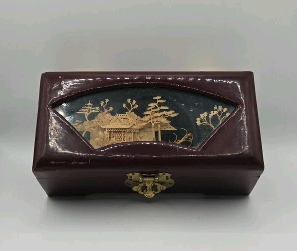 VTG San You Asian Jewelry Wood Box Diorama Cork Art Pagoda Scene Brass Lined