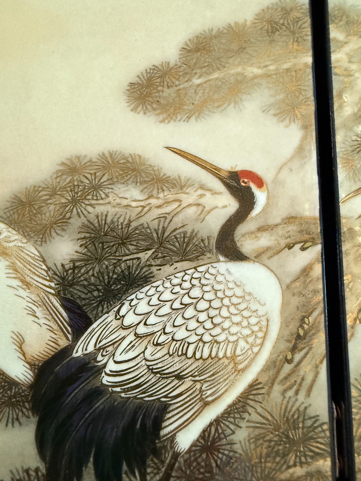 Asian Lacquer Table Folding Screen features a beautiful “Pine & Crane” scenes
