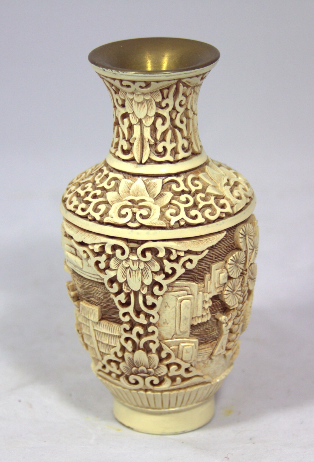 Exquisite “Hand Carved White Chinese Cinnabar Vase” (6.5″ High x 3.25″ Diameter)