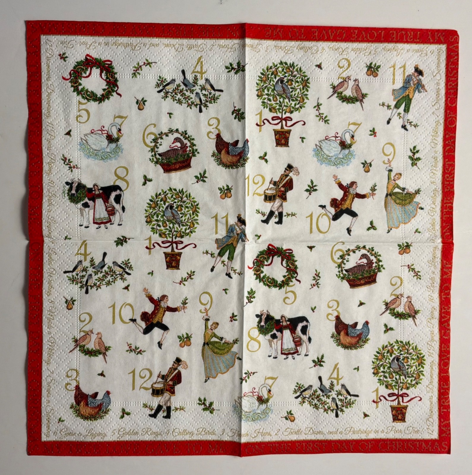 2 Twelve 12 Days of Christmas COCKTAIL Napkins Caspari Oyster shell decoupage