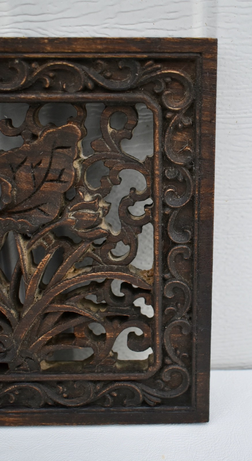 Vintage Hand Carved Chinese Plaque with Birds & Floral Details