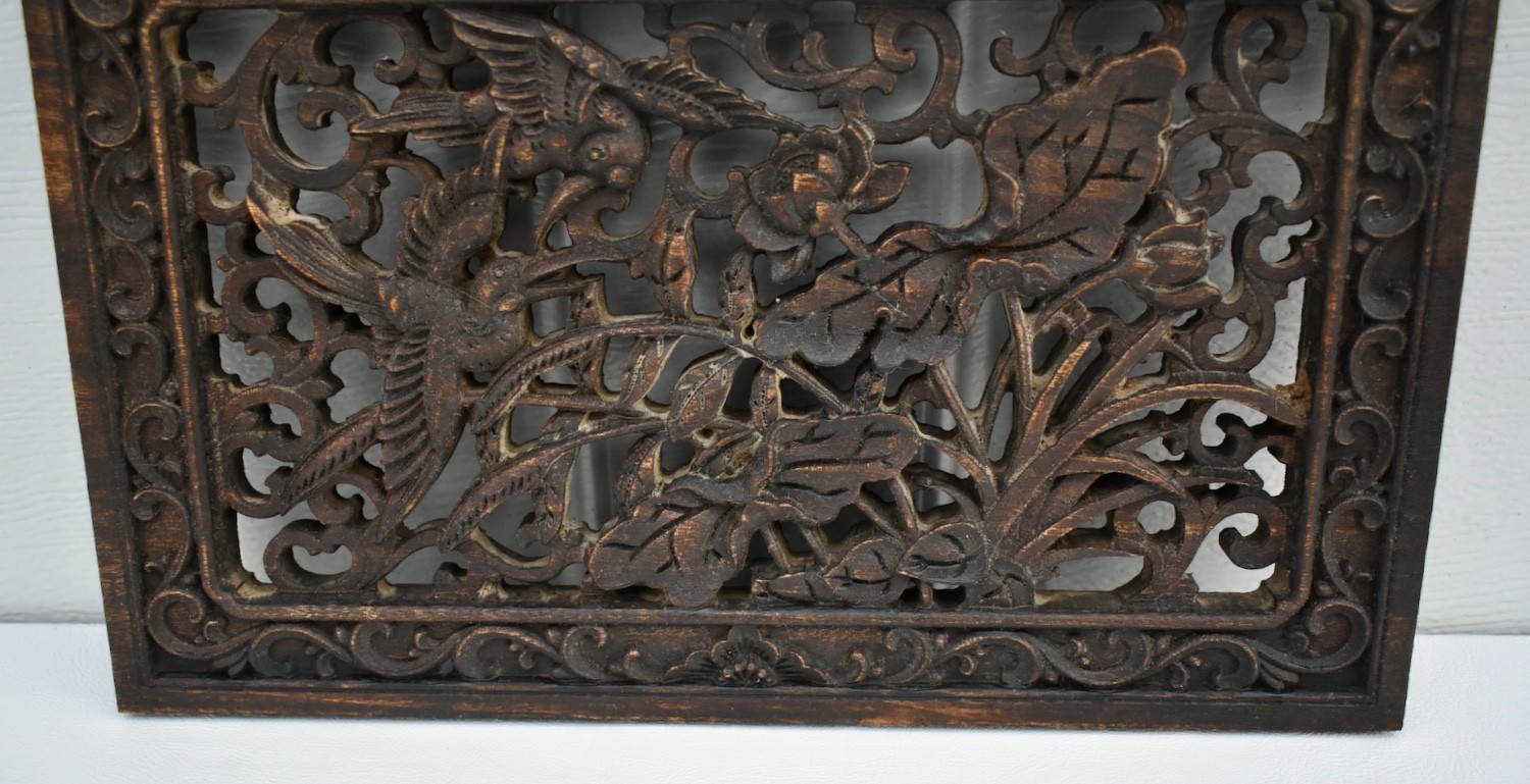 Vintage Hand Carved Chinese Plaque with Birds & Floral Details