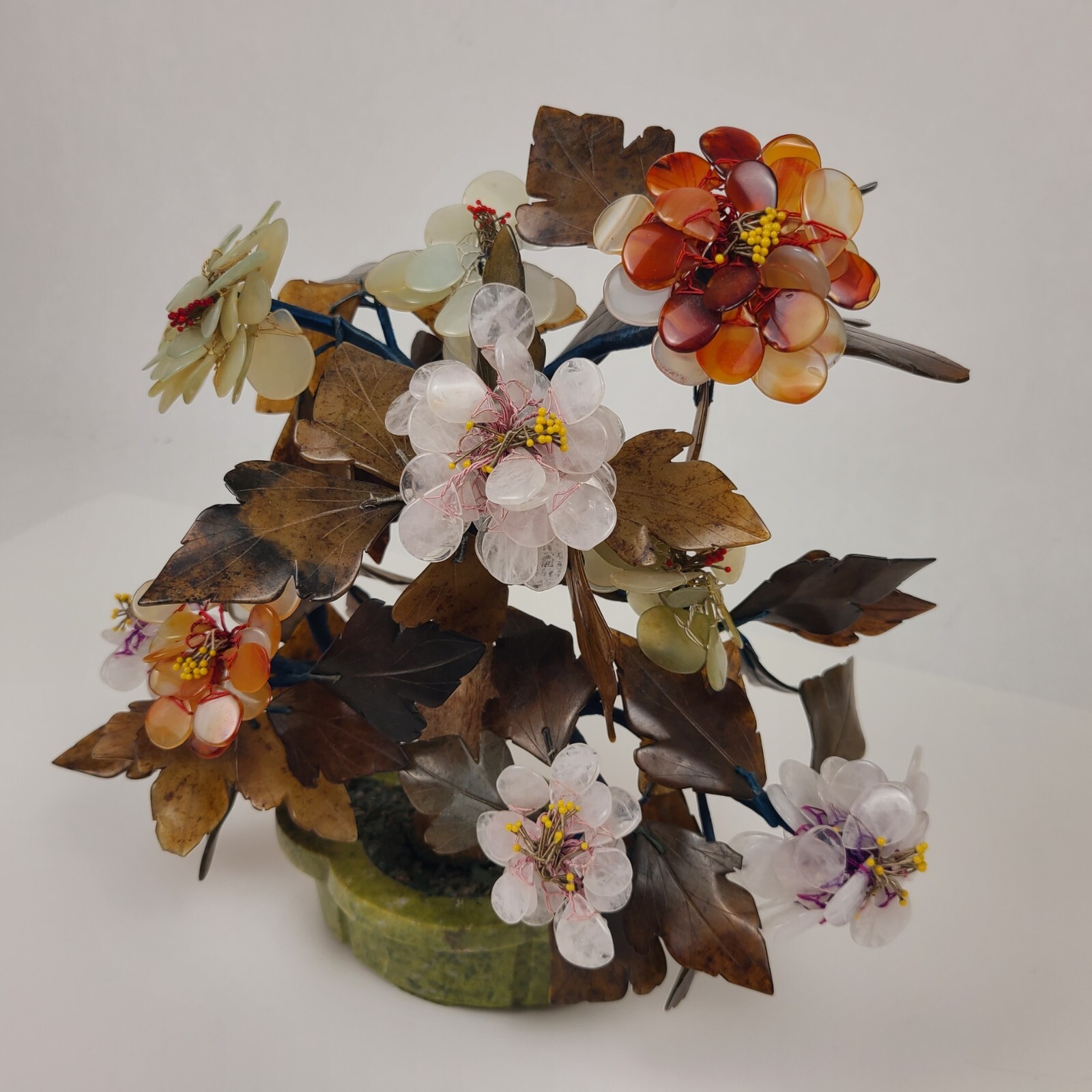 Vtg MCM Carved Agate Jade Quartz Bonsai Tree Flower Blossom Plant 11″ Tall Asian