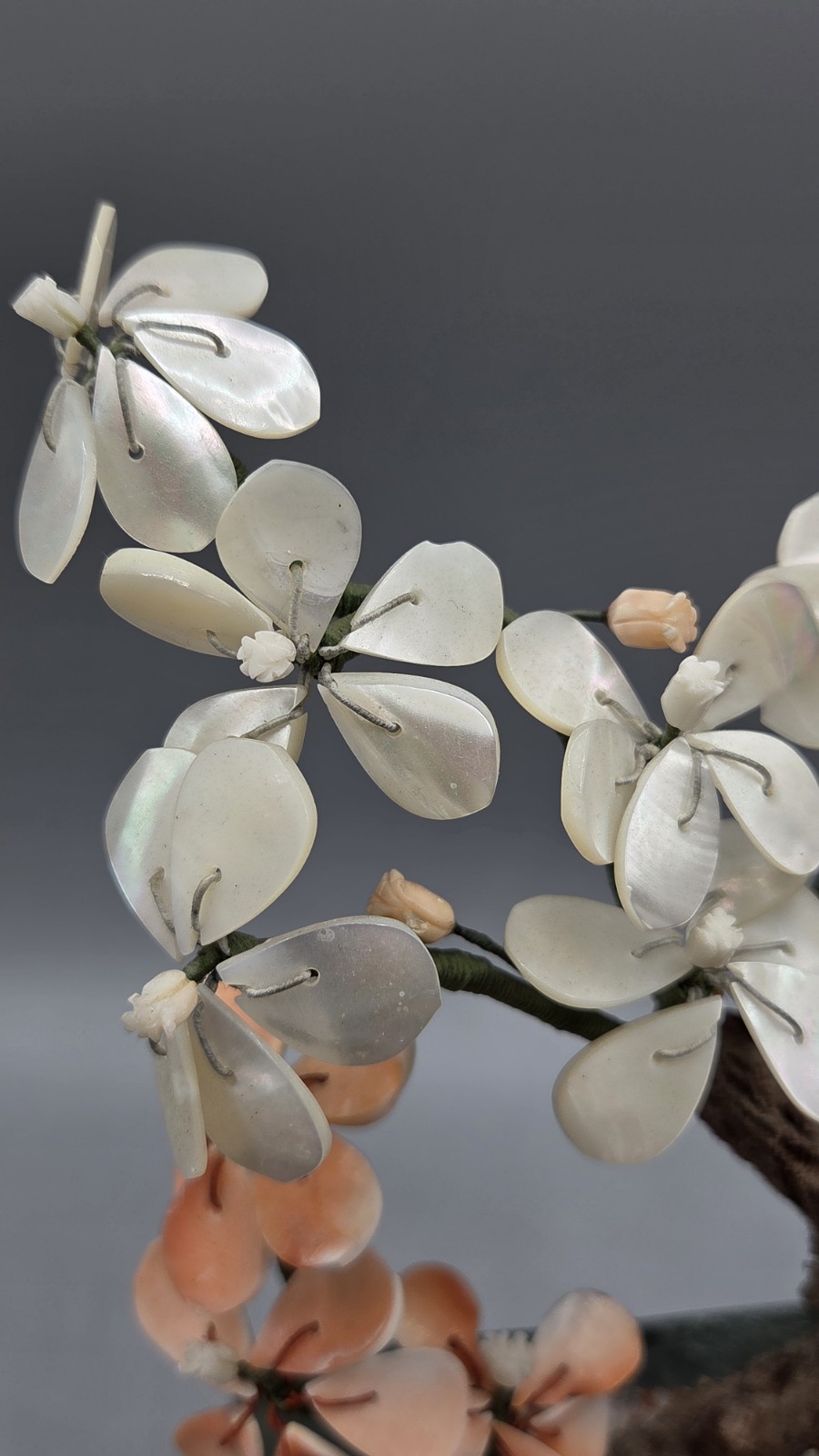 Small Bonsai Tree with Carnelian and Mother of Pearl Flowers, Jade? Base 8.5″ H
