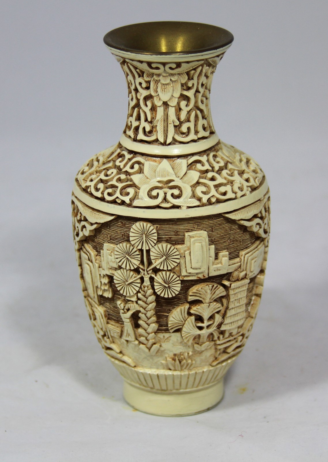 Exquisite “Hand Carved White Chinese Cinnabar Vase” (6.5″ High x 3.25″ Diameter)