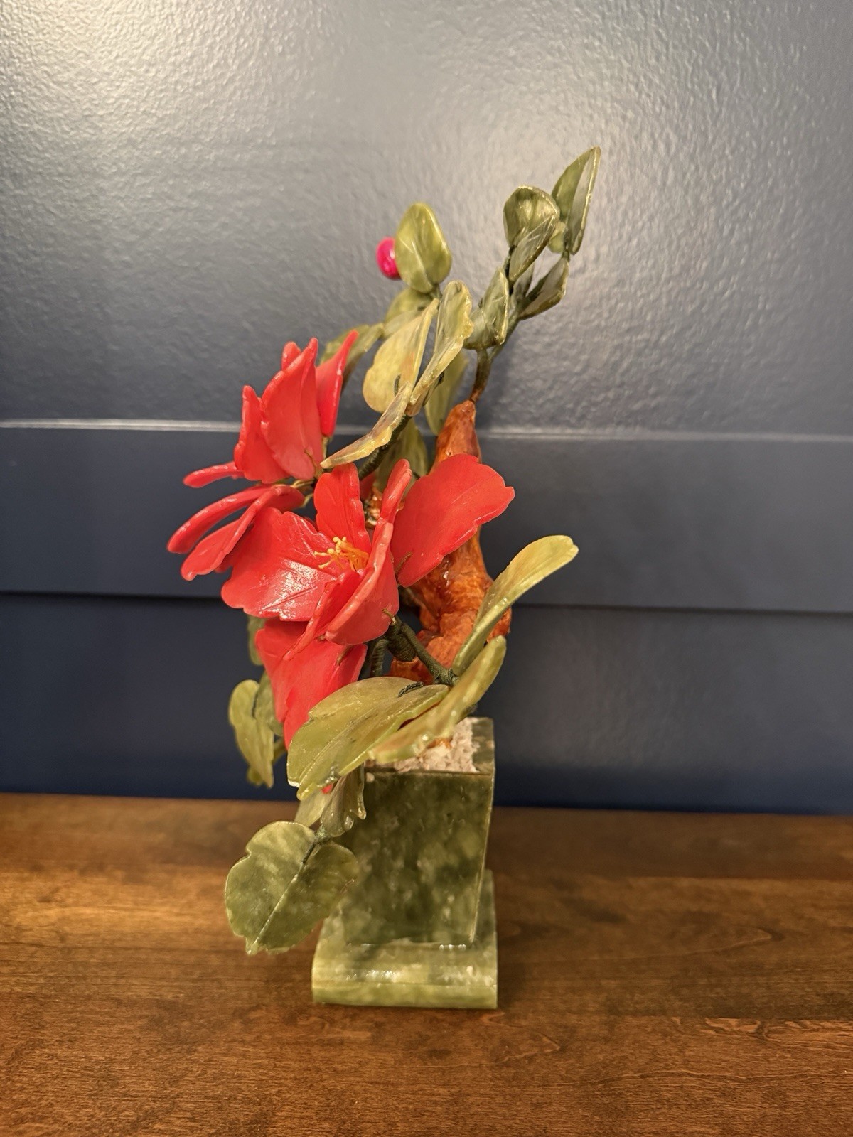 Vintage Jade Bonsai Tree Carved Red Hibiscus Flowers High Blossom 12.75” Tall