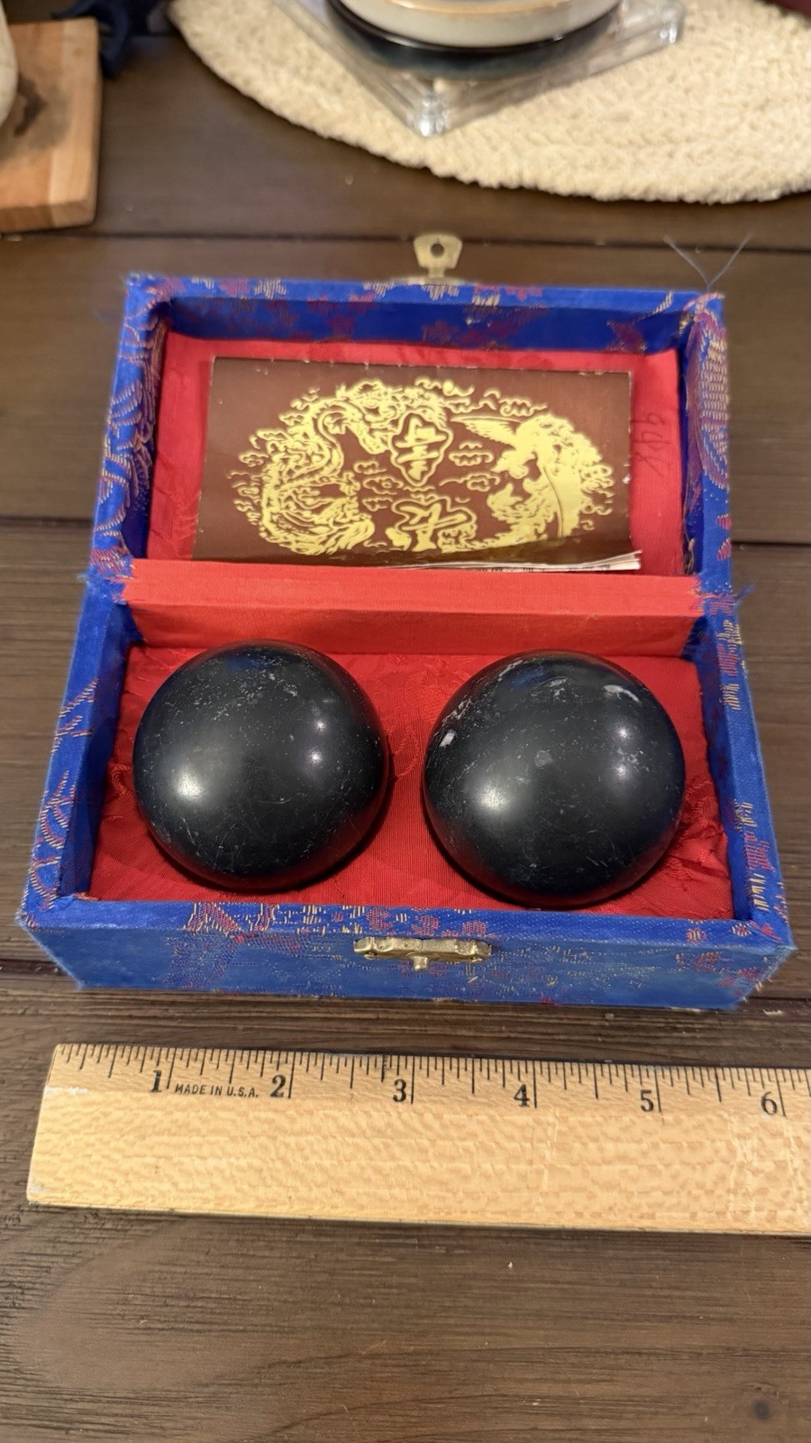 Chinese Baoding Balls Set, Black Stone Spheres w/ Blue Brocade Box & Insert