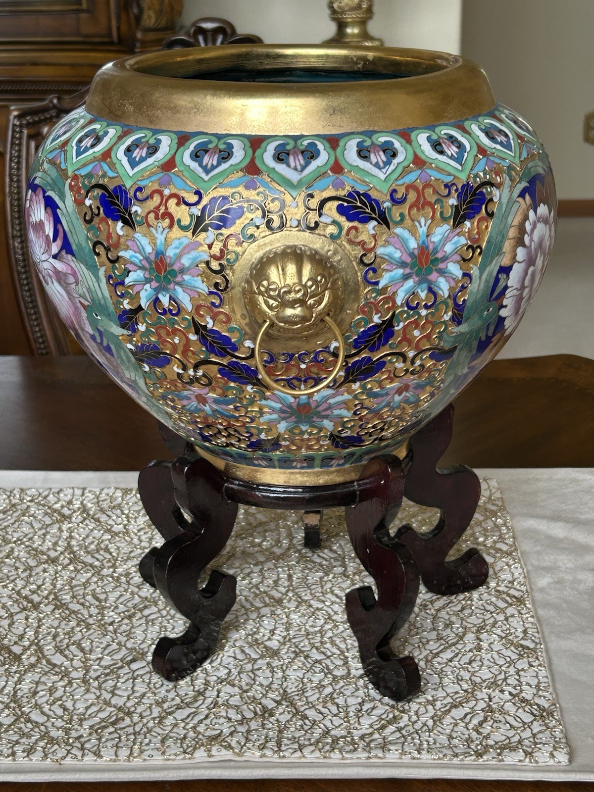 Chinese Cloisonné Planter Flower Pot Peonies Birds Lion Head Accent Brass