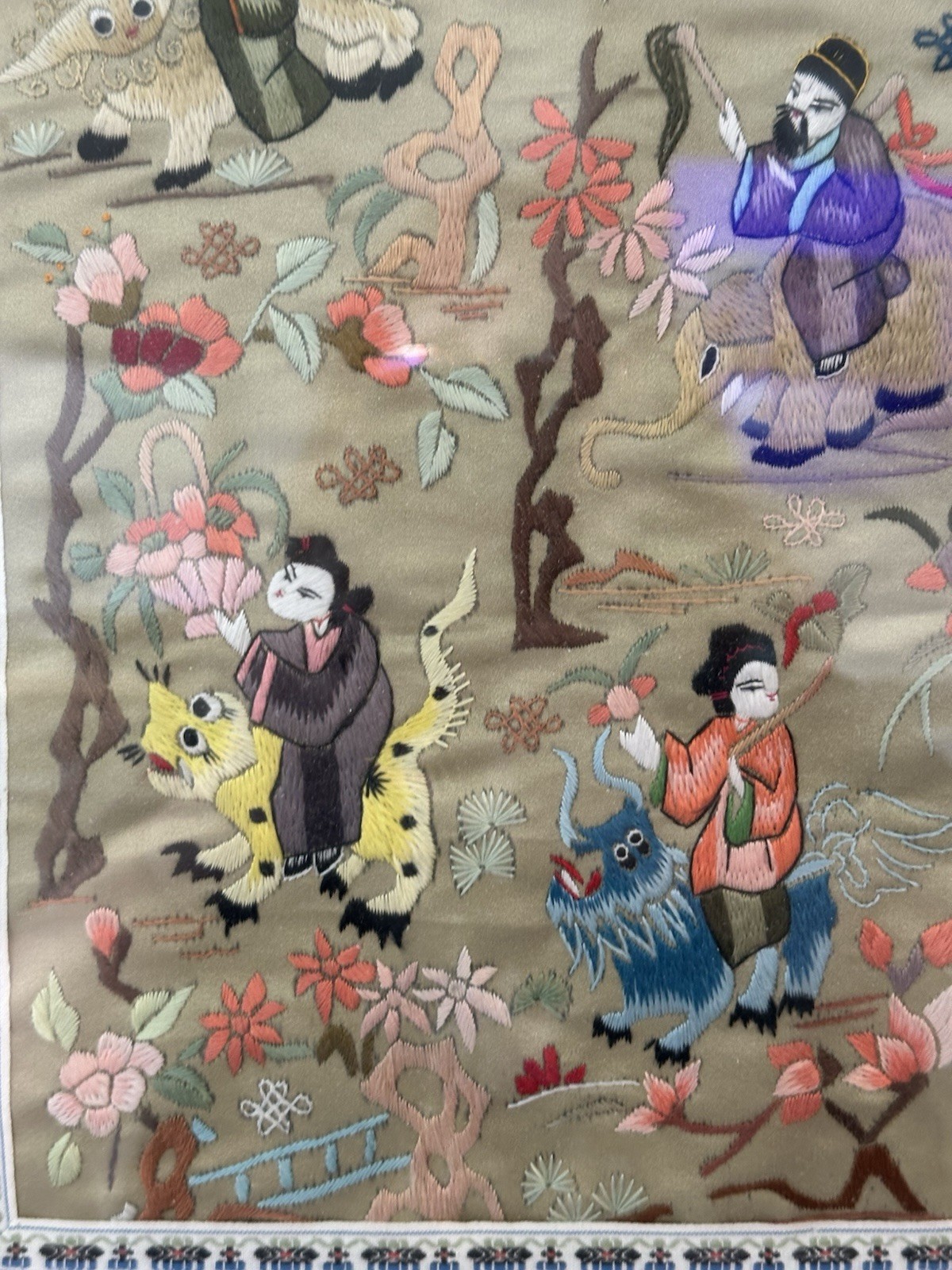 Chinese hand embroidered silk Art Piece Framed. The Actual Piece 27 X 13”
