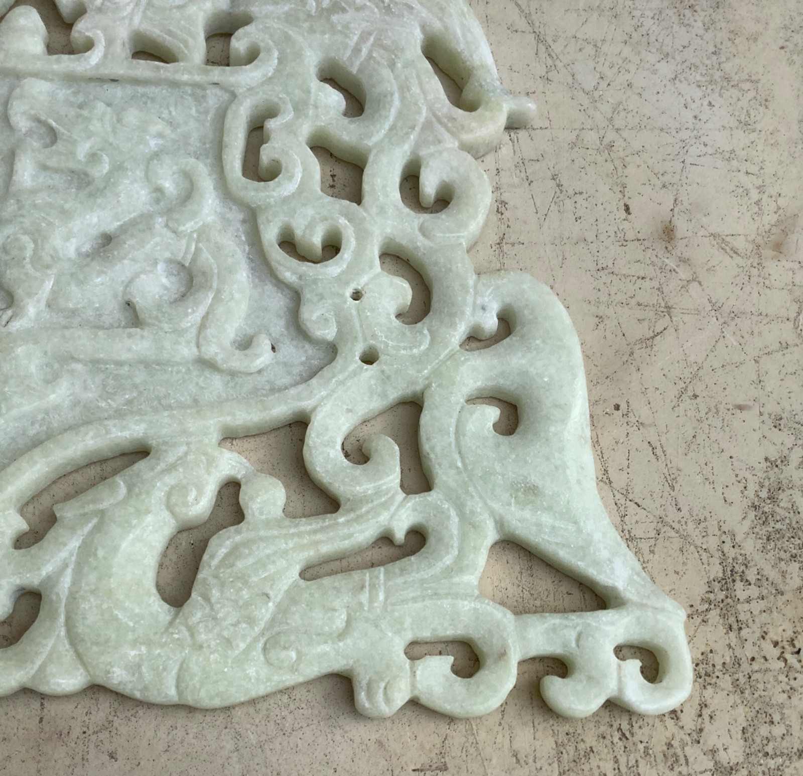 9.5″ Chinese OLD HAND CARVED JADE GREEN ONYX Plaque DRAGONS PHOENIX FISH