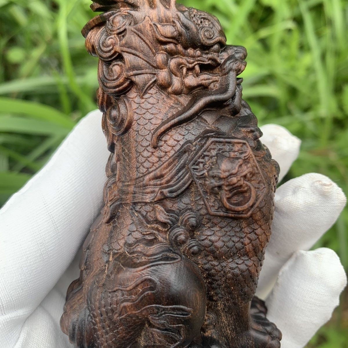Wood Carved Qilin Statue Agarwood Handheld Ornament Lucky Collectible