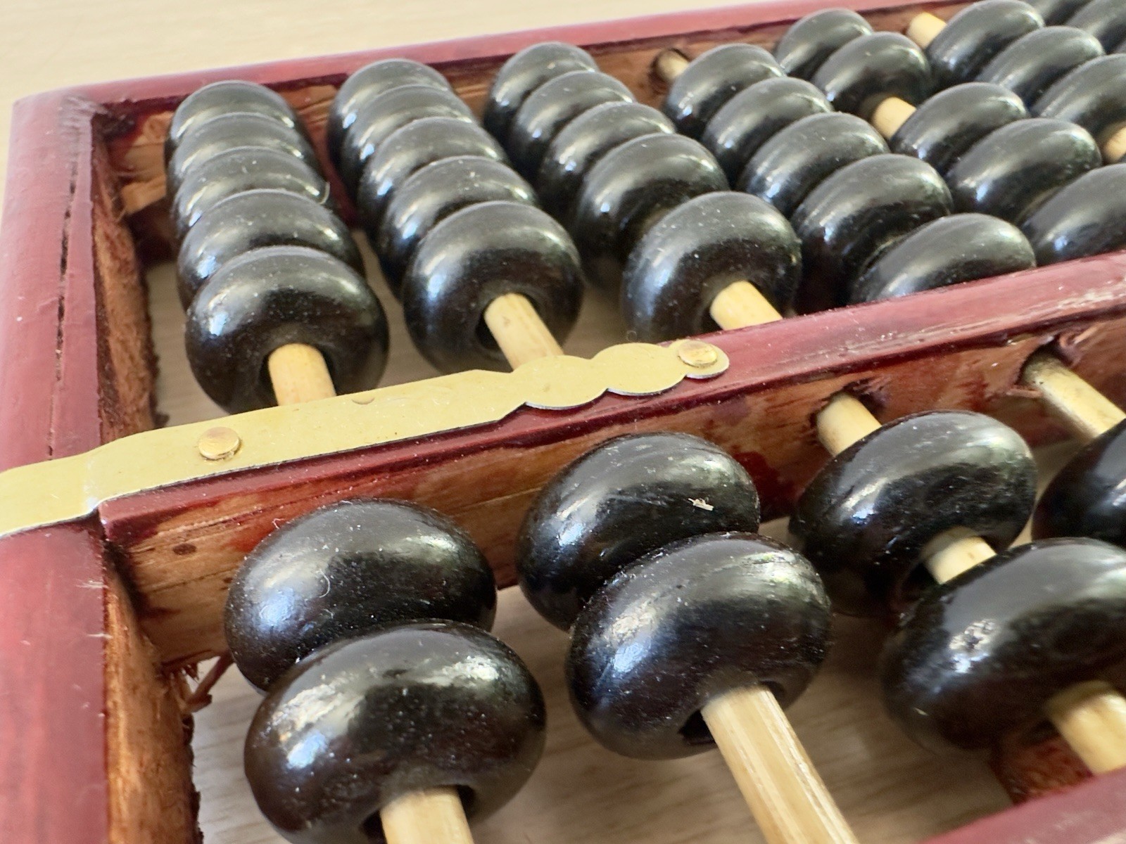 Vintage Wooden Abacus Black Beads Brass Hardware Mid Century MCM Decor 11.5in