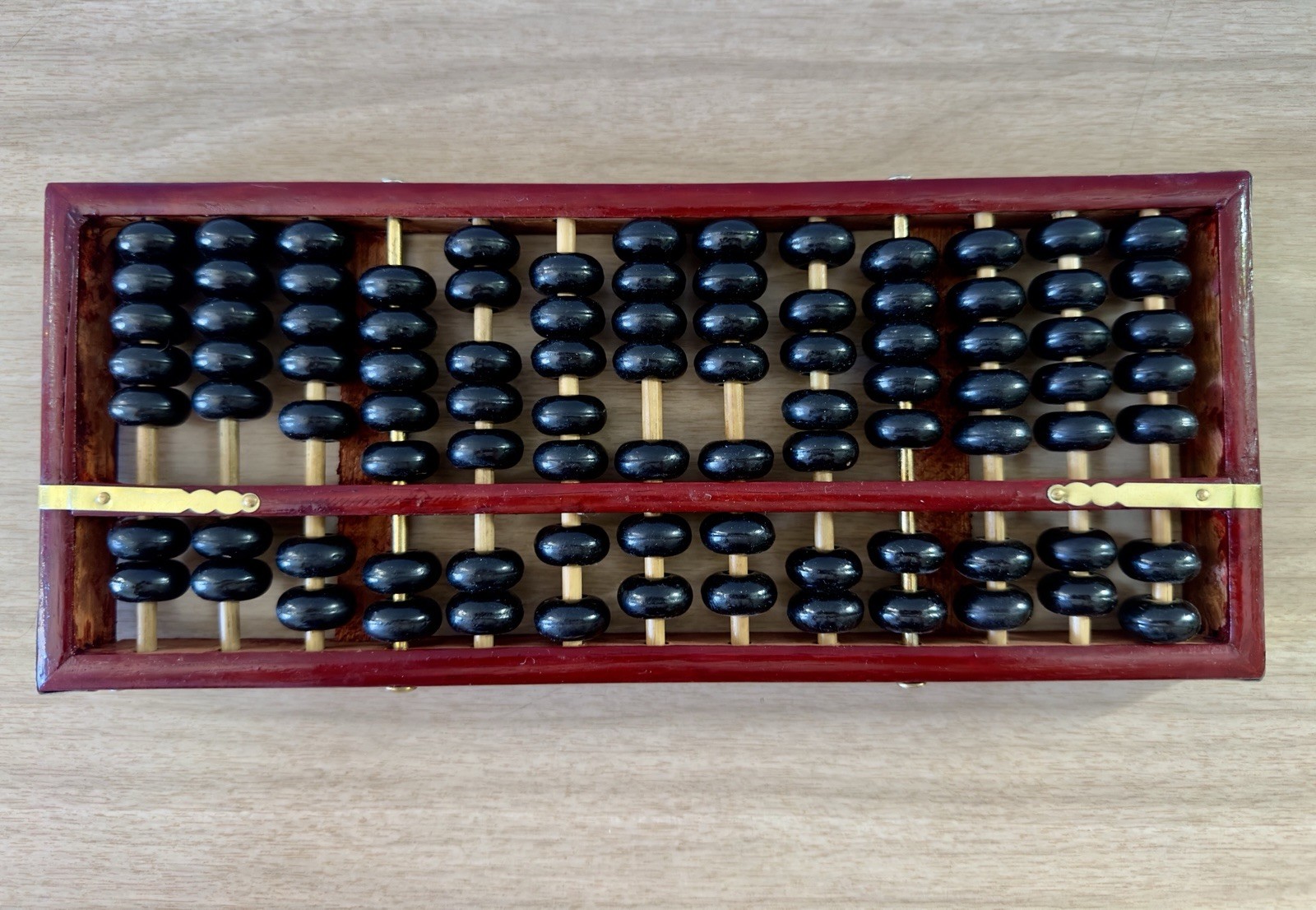 Vintage Wooden Abacus Black Beads Brass Hardware Mid Century MCM Decor 11.5in