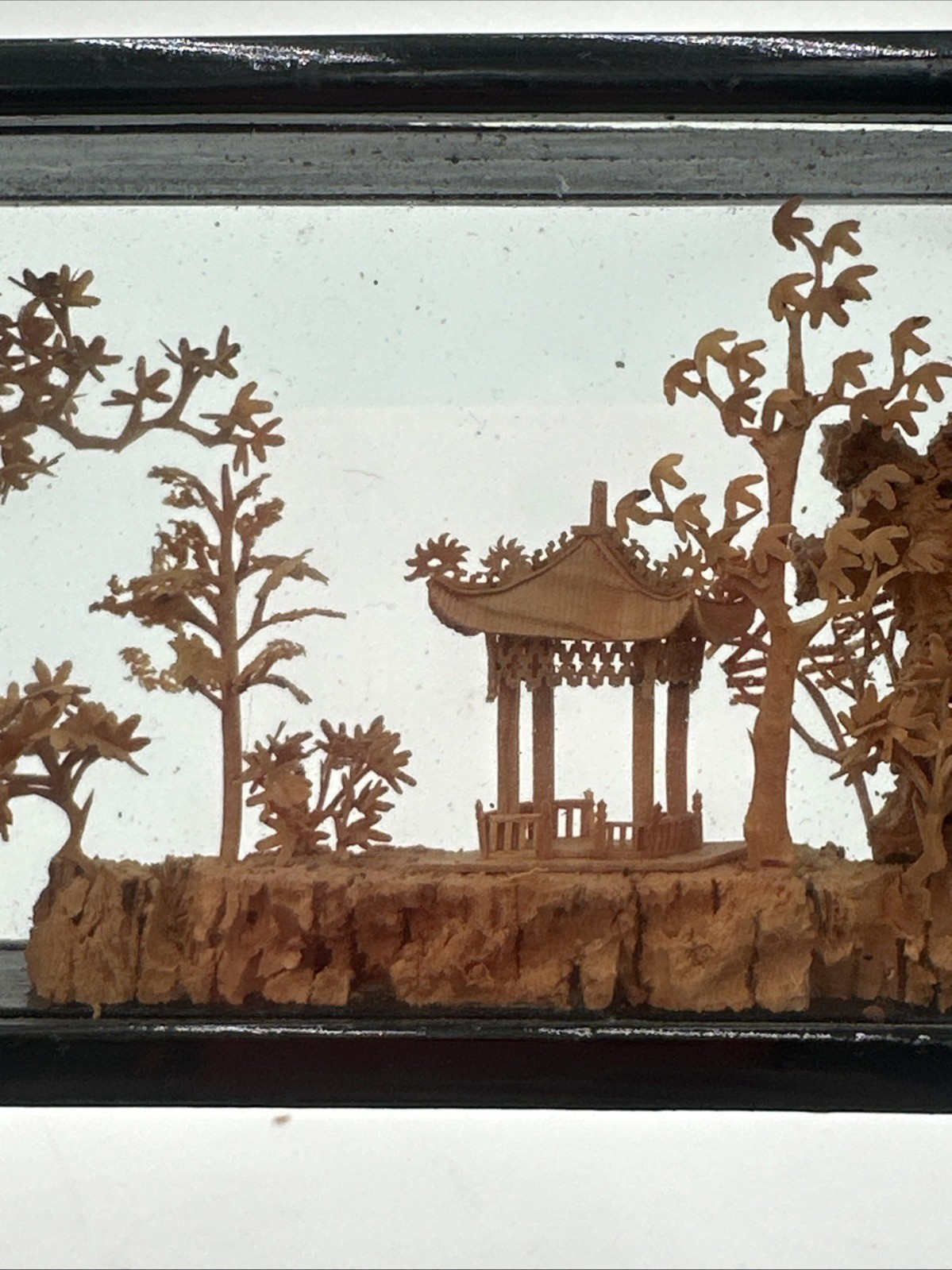 Vintage Chinese Cork Art Shadow Box Pagoda Cranes Scenic Diorama Framed C Detail