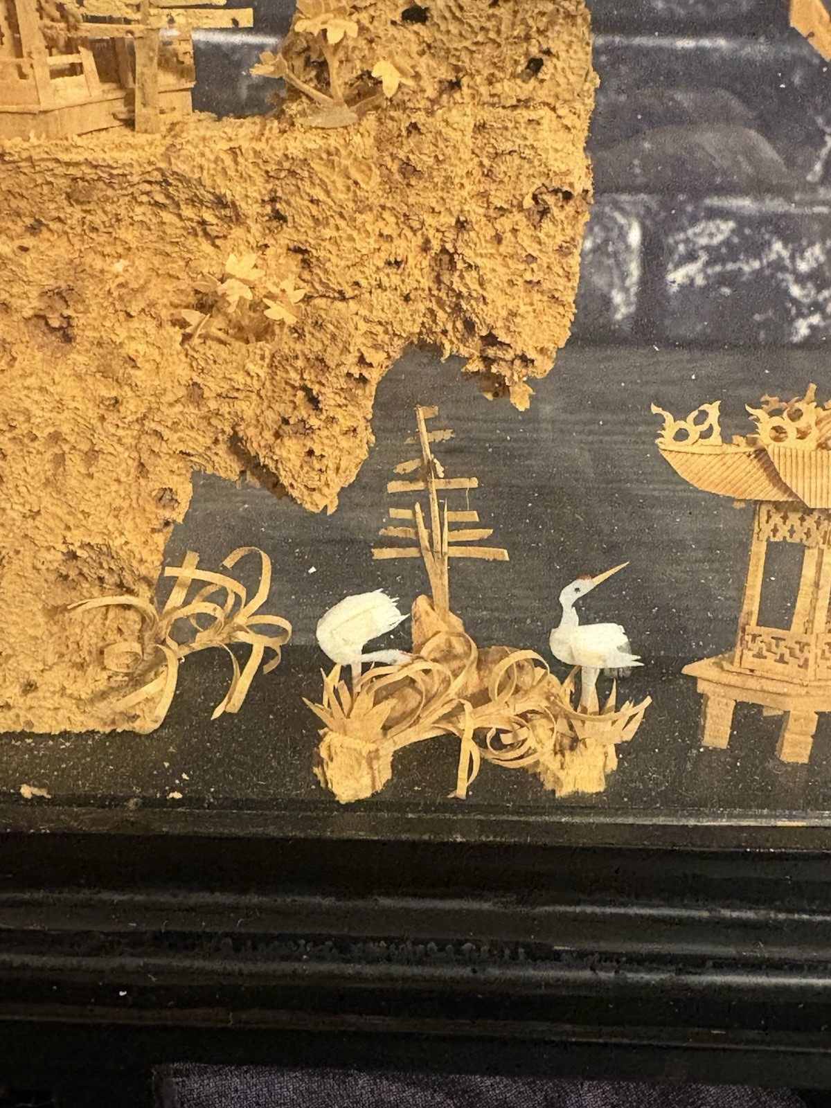 VINTAGE ROUND CHINESE CORK ART HAND CARVED DIORAMA PAGODA CRANES TREES CLIFF 9″
