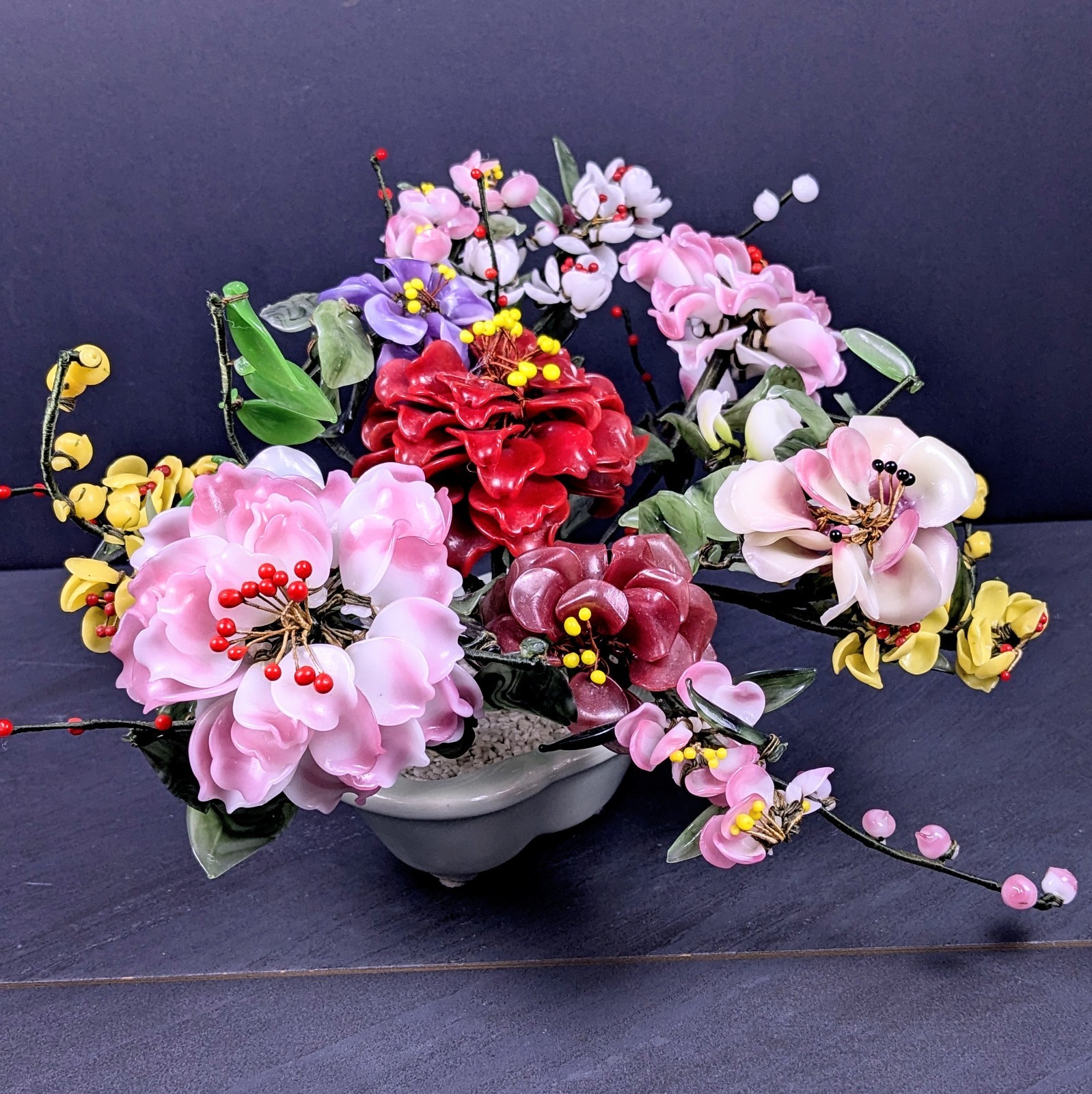 Vintage Jade Style Glass Flower Arrangement Asian Bonsai Planter Pink Red Purple