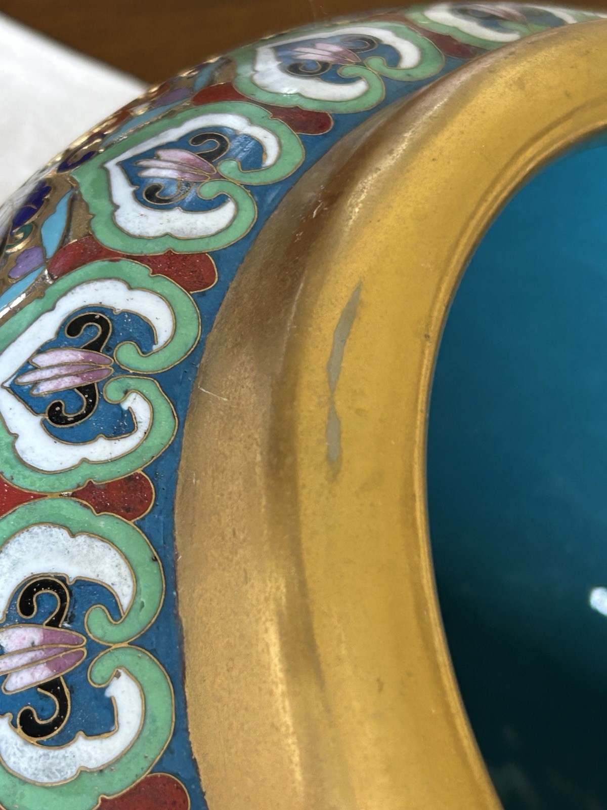 Chinese Cloisonné Planter Flower Pot Peonies Birds Lion Head Accent Brass