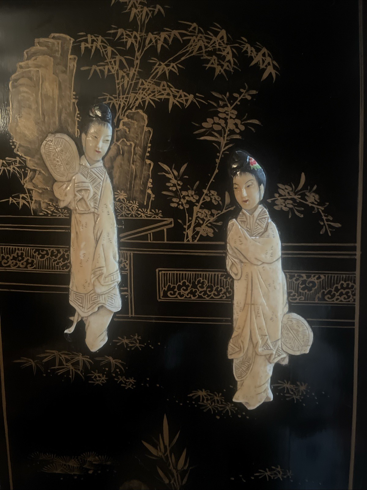 VTG 2 Asian Oriental BLACK Lacquer “Mother of Pearl Ivory Tone”Panels FREE SHIP