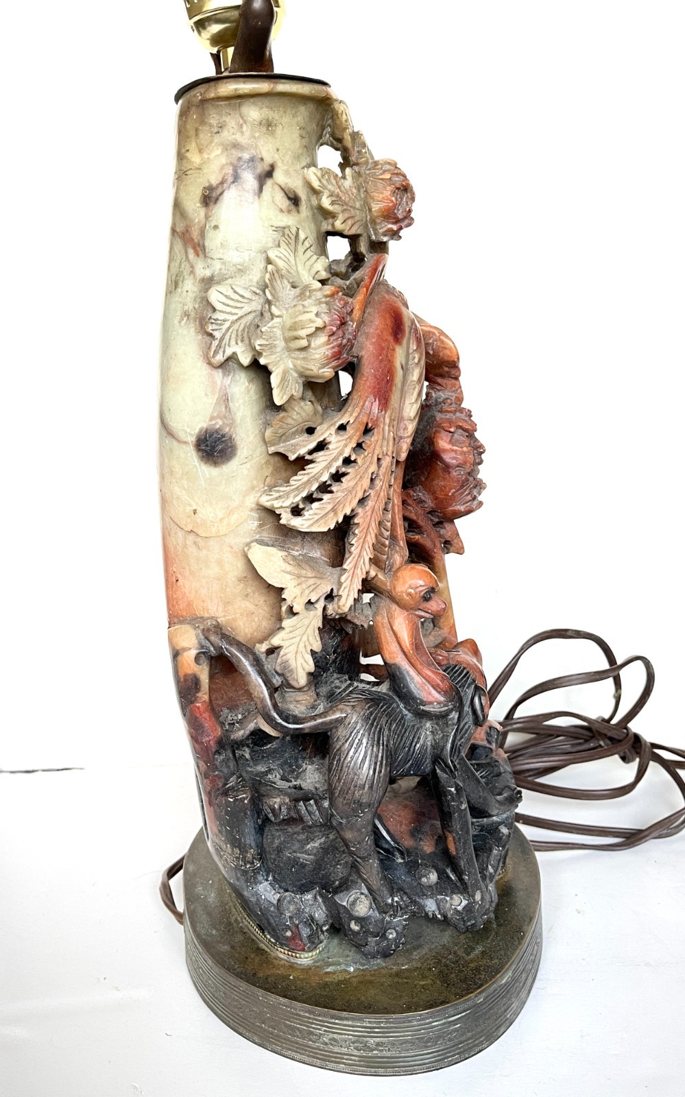 Chinese Soapstone Lamp Carved Bird Paradise Monkey Flowers Antique