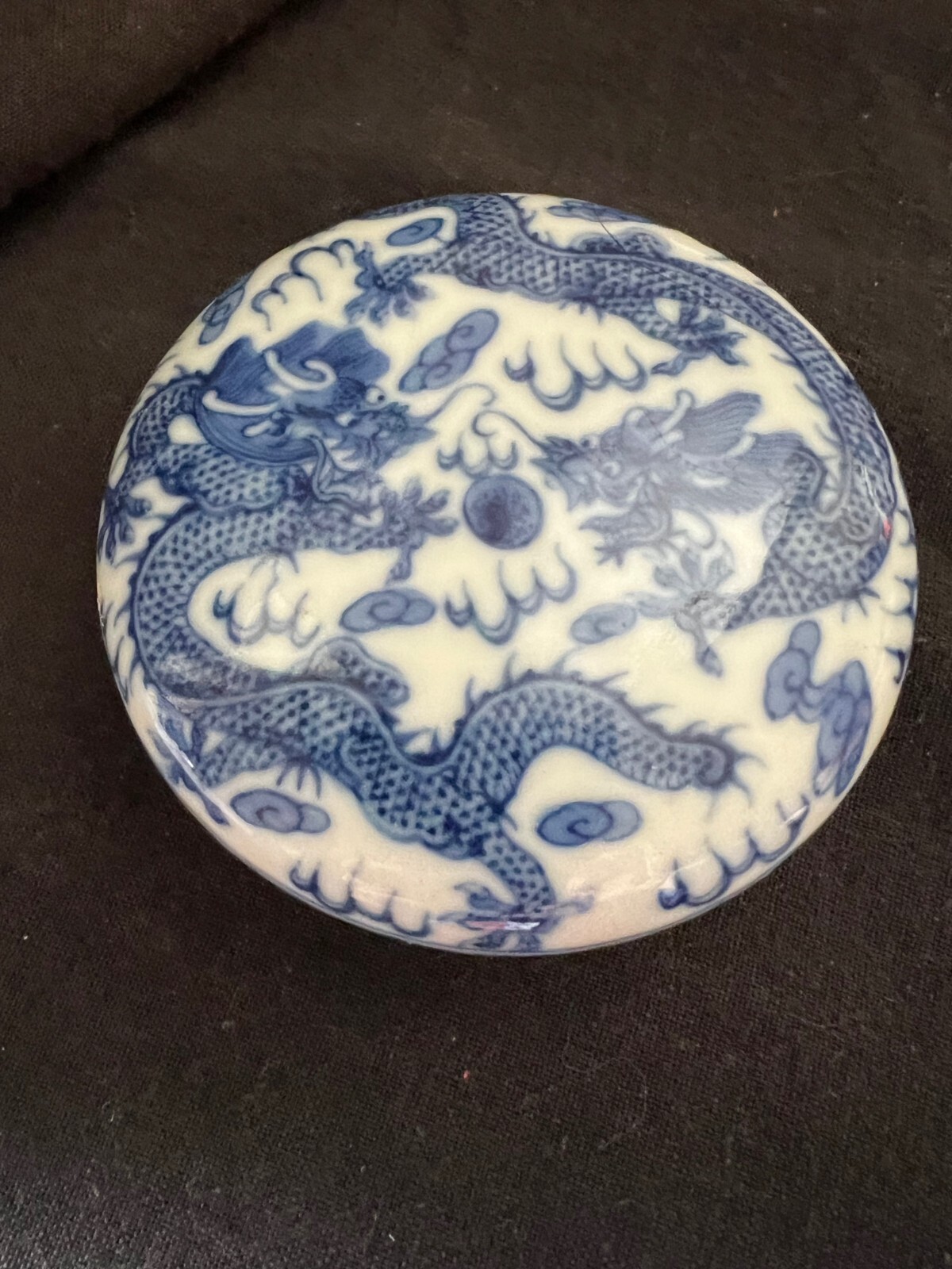 Chinese Blue & White Porcelain Seal Paste Box with Dragons & Pearl Qianlong Mark