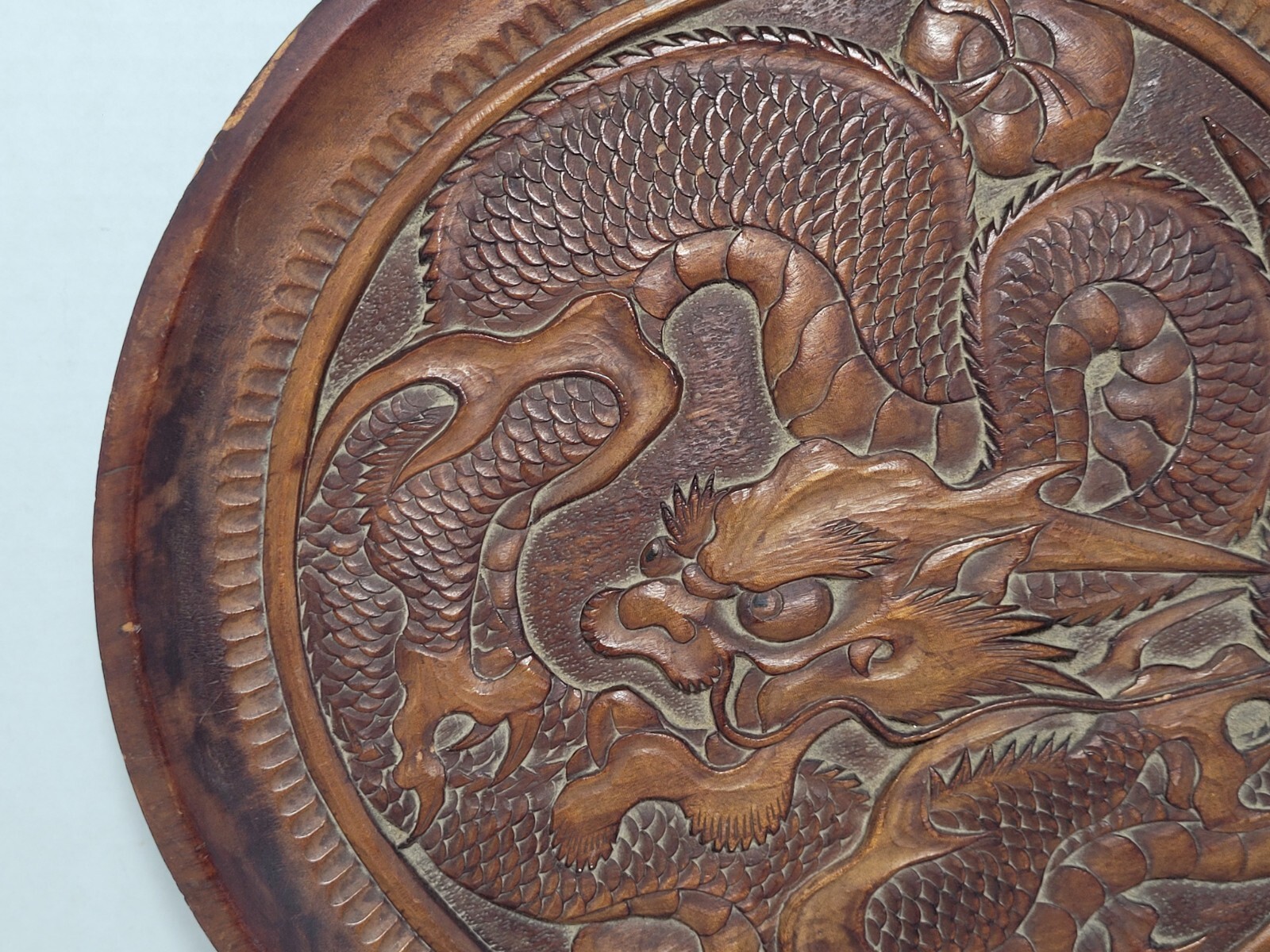 Vintage Carved Wooden Dragon Plaque Plate Chinese Decor Asian Oriental