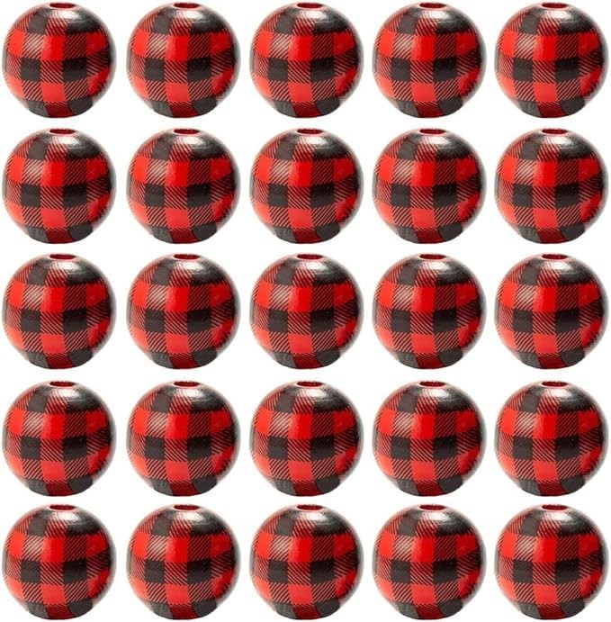 50 Pcs Red 16mm Christmas Plaid Wood Beads Buffalo Plaid Beads Wooden Farmhou…