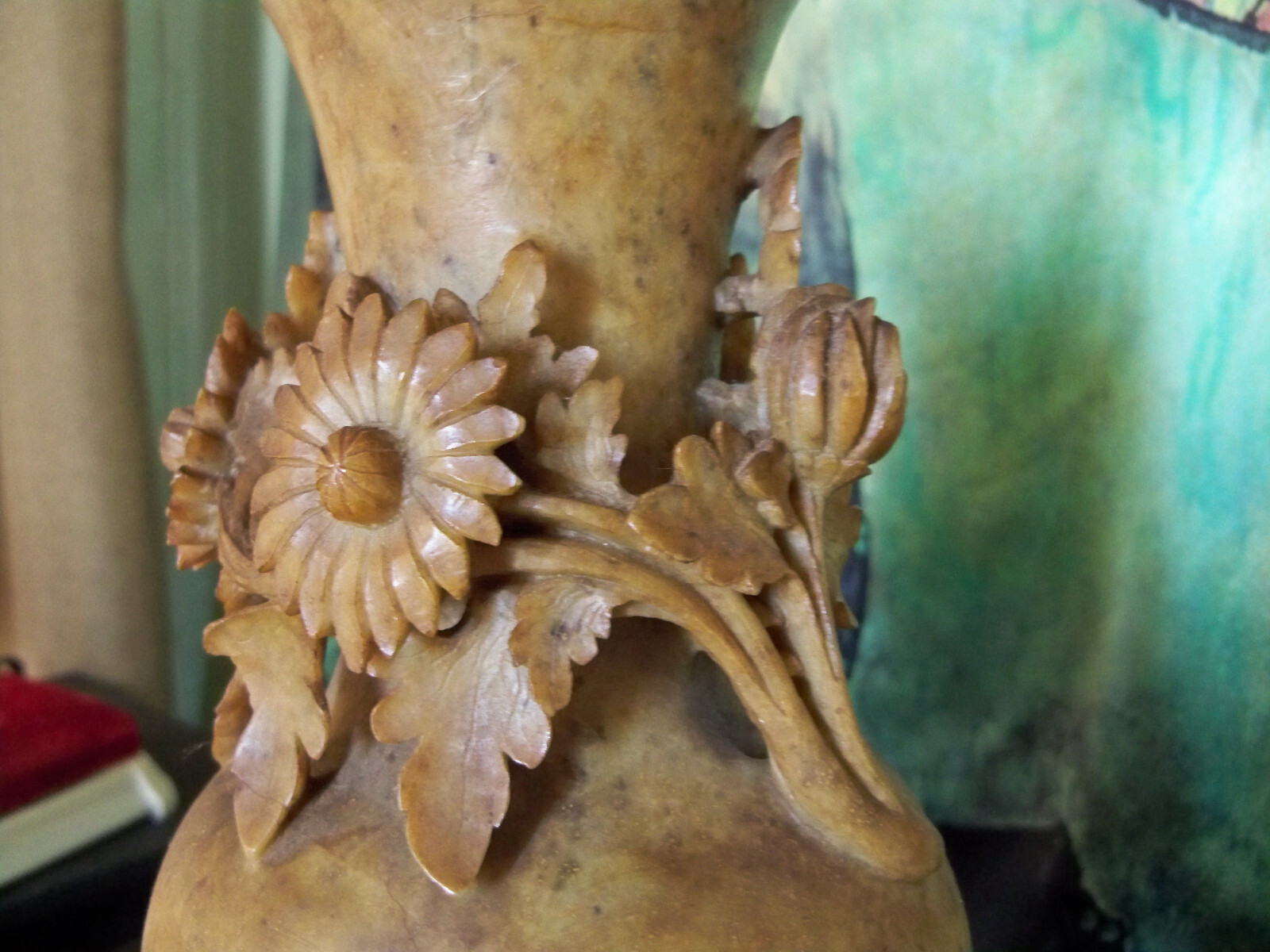vtg CHINESE CARVED 11.5″ LARGE STONE STATUE vase spindle railing seasons decor