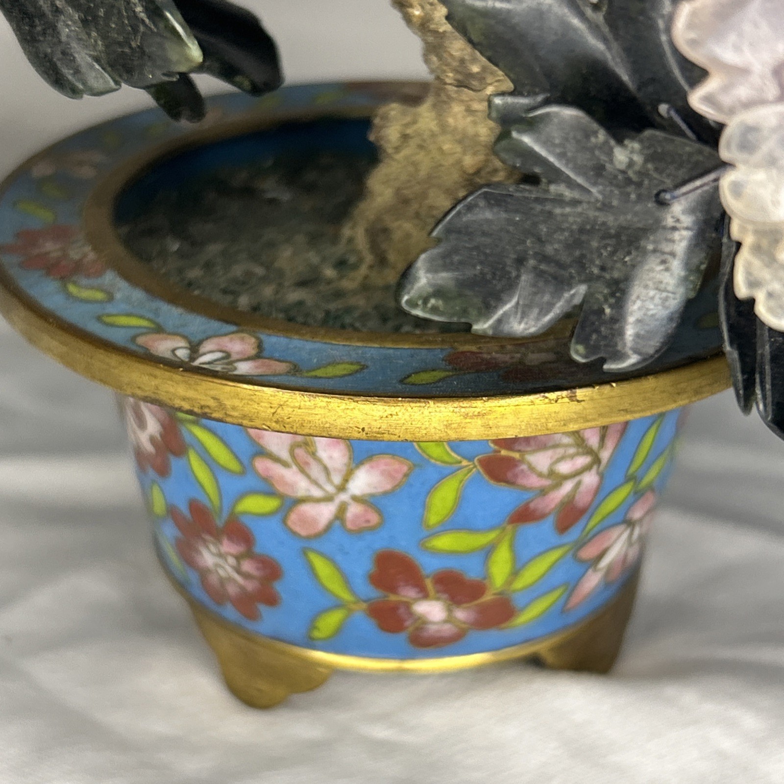Vintage Chinese Jade Bonsai Tree Sculpture in Cloisonné Enamel Pot Iris Apfel