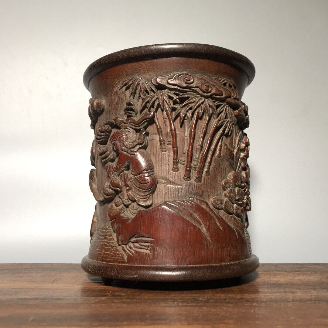 6.3″ Noble old Hand-carved Liu Hai Play Golden Toads statue bamboo Pen Brush pot