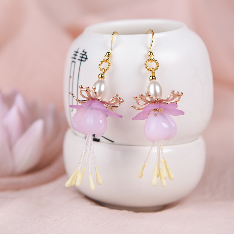 Chinese Coloured Glaze/Pearl Flower Gild Tibetan Style Fashion Earbob Earrings