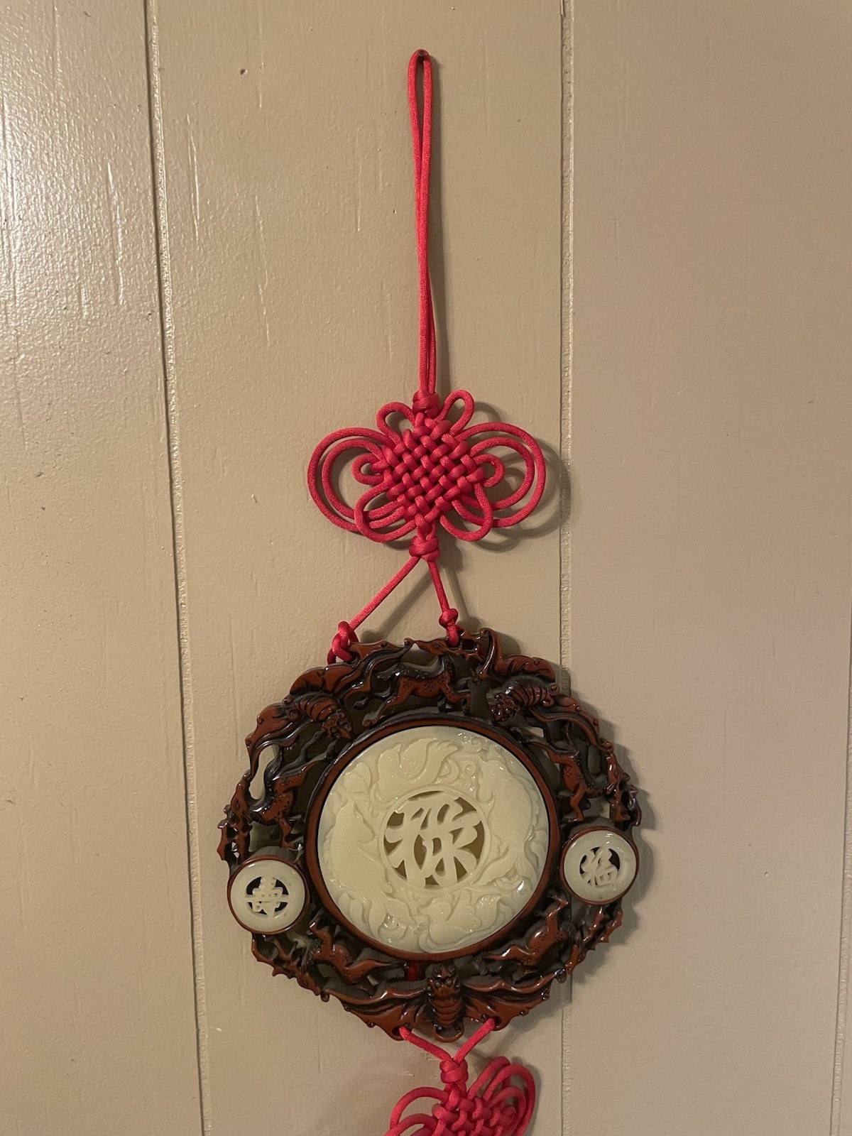 Vintage Chinese Red Knot Wood And Jade Wall Hanger w/long Tassel