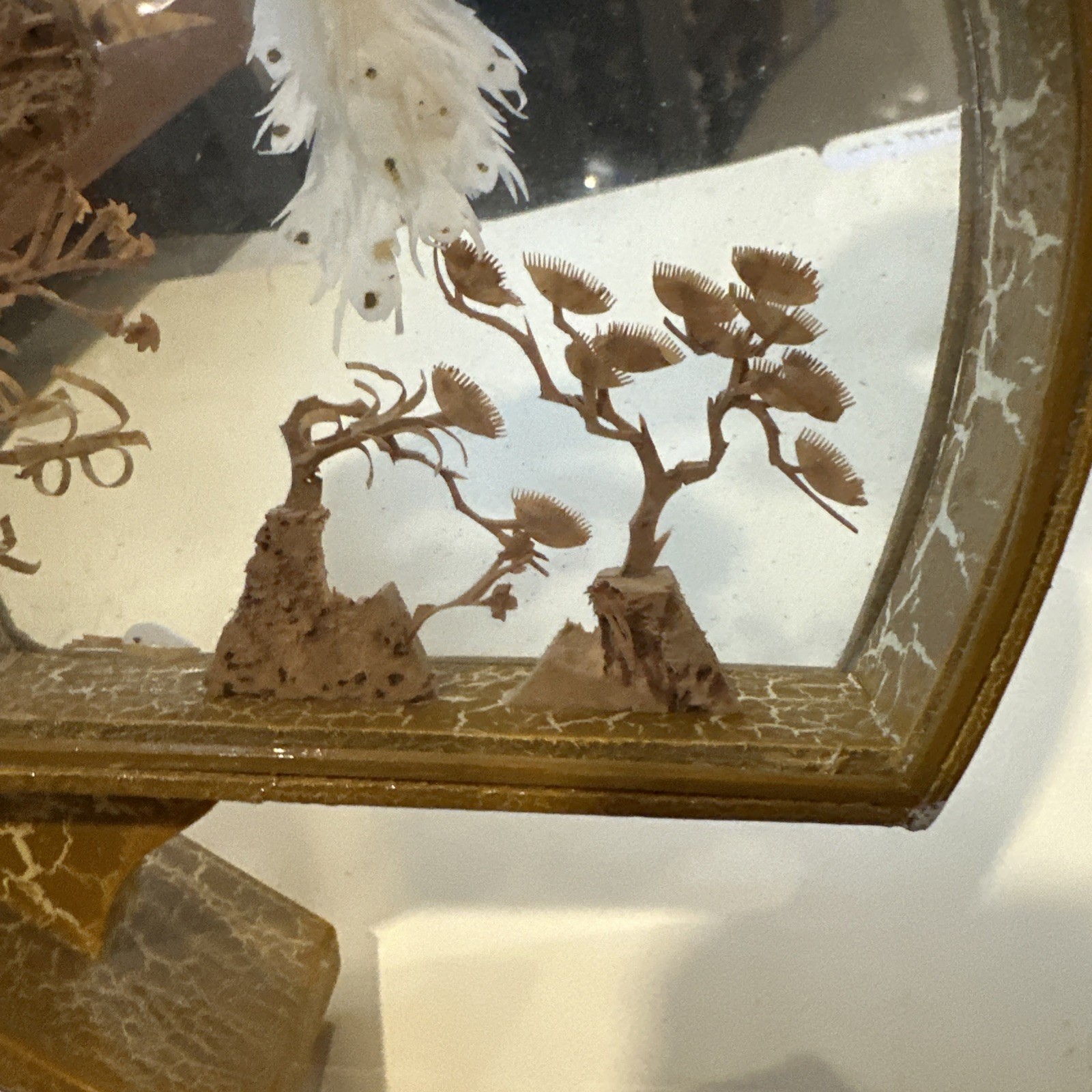 Asian Diorama Shadow Box Cork Sculpture Peacocks Hand Carved Gold Tone Frame Vtg