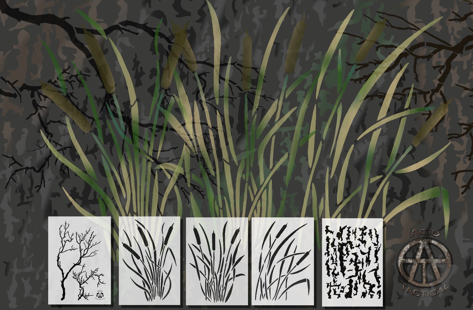 5Pack Spray Paint Camouflage Stencils Camo Jon Duck Boat CATTAIL BARK BRANCH