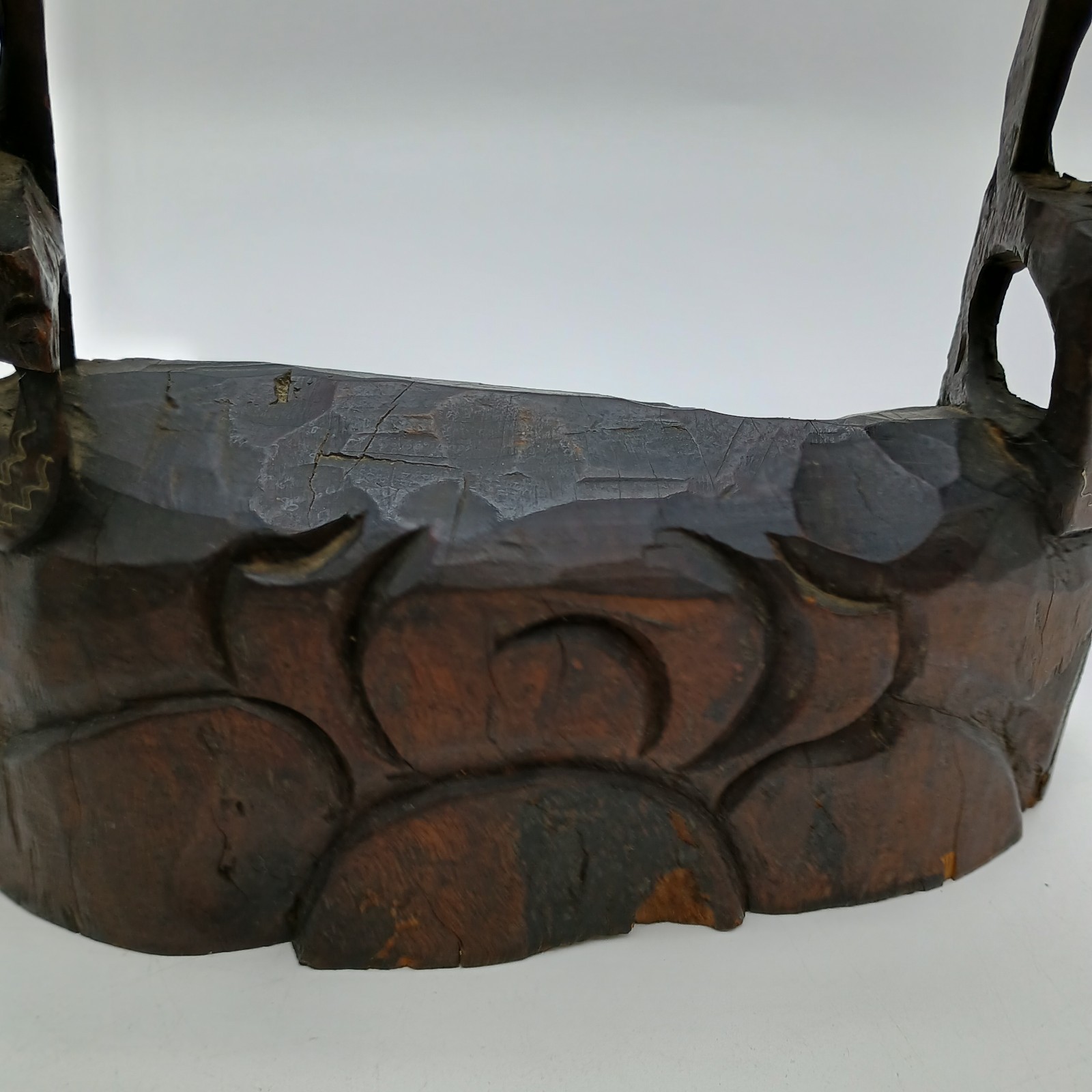 Vintage Chinese Wood Hand Carved Frame Holder With Brass Bell Dragon