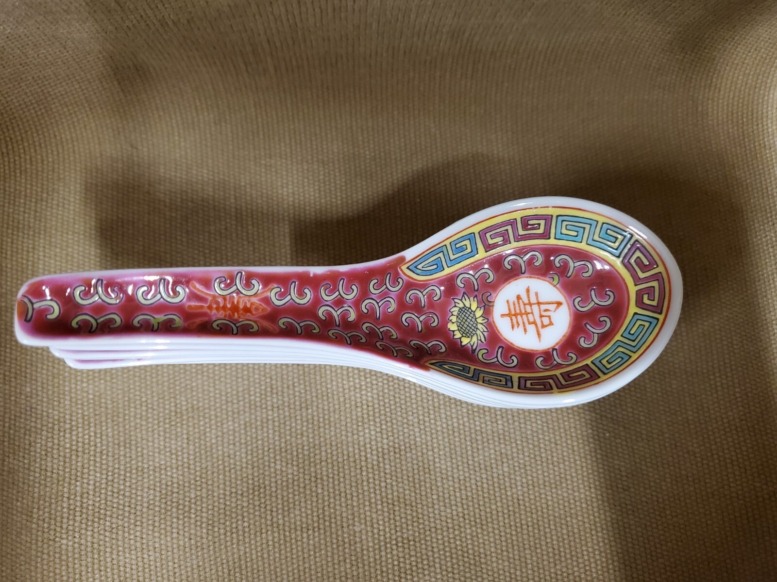 Chinese Red Mun Shou – 4 Spoons 5.5″ – Longevity and Sunflower Pattern