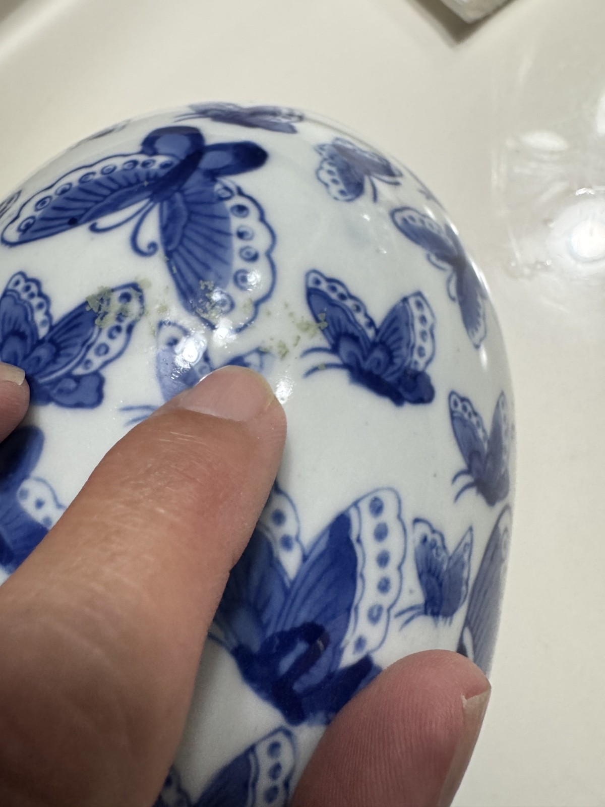 VTG Blue & White 7.5” Ceramic Butterfly Porcelain Chinoiserie Decorative Egg
