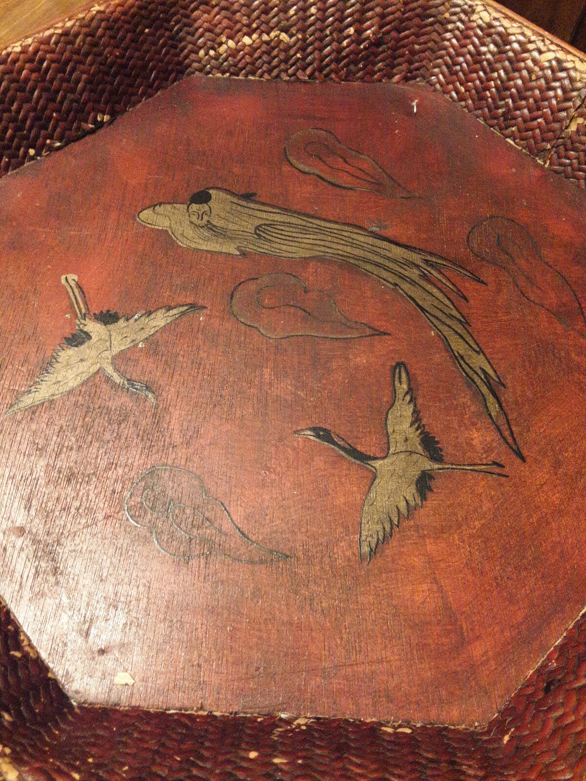 Vtg Chinese Tray/Trivet Octagonal Wicker and Wood Birds and Spirit