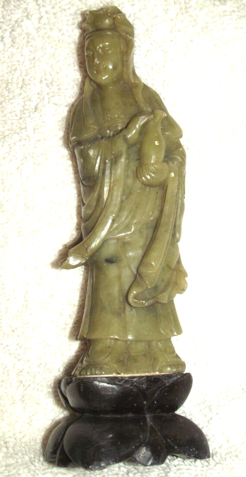 Vintage Chinese Hand Carved Jadeite Statue Figurine Woman w/Jug on Pedestal S