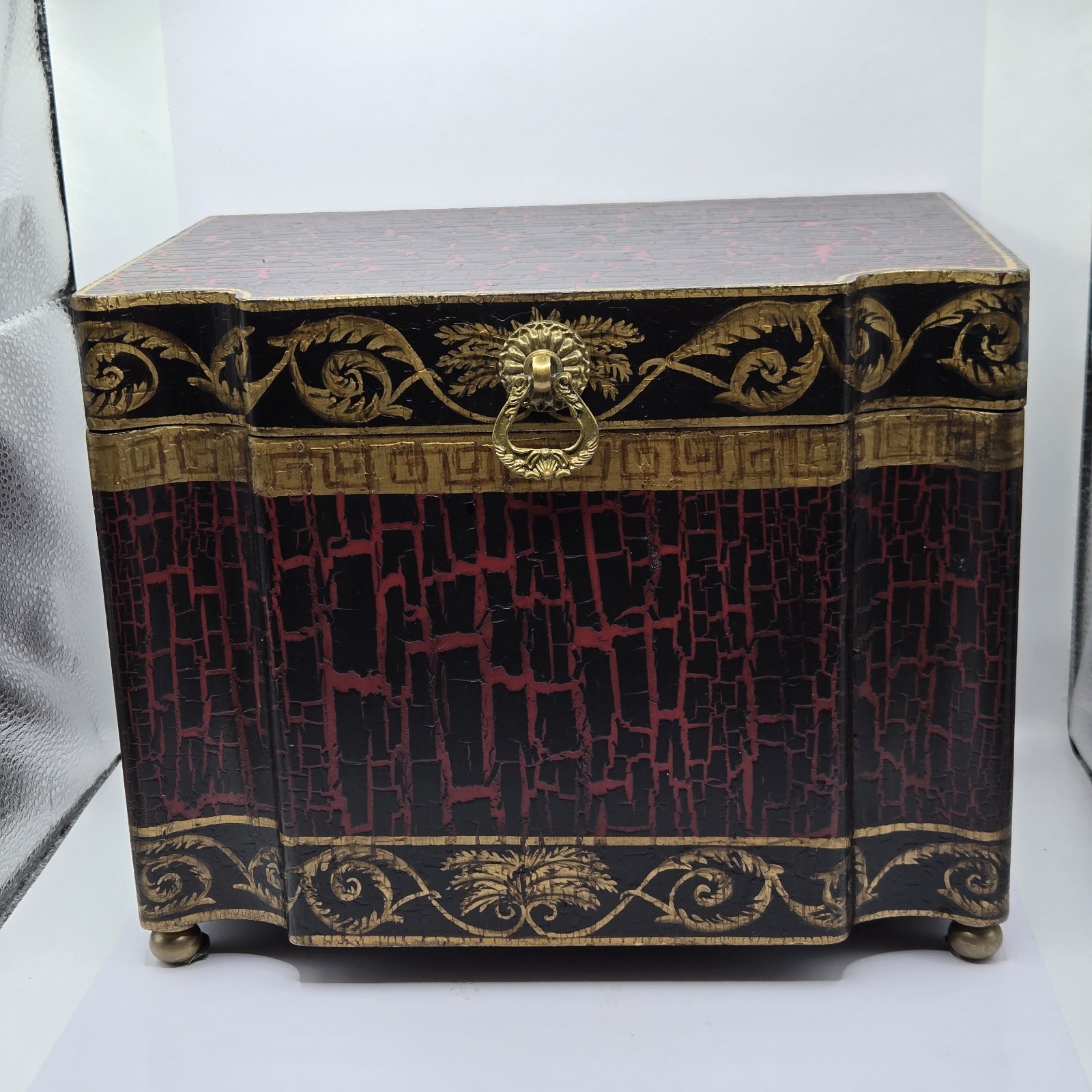 Vintage Large Asian Wood Pagoda Top Jewelry Box Storage, Brass Feet. 11×8×8.5″